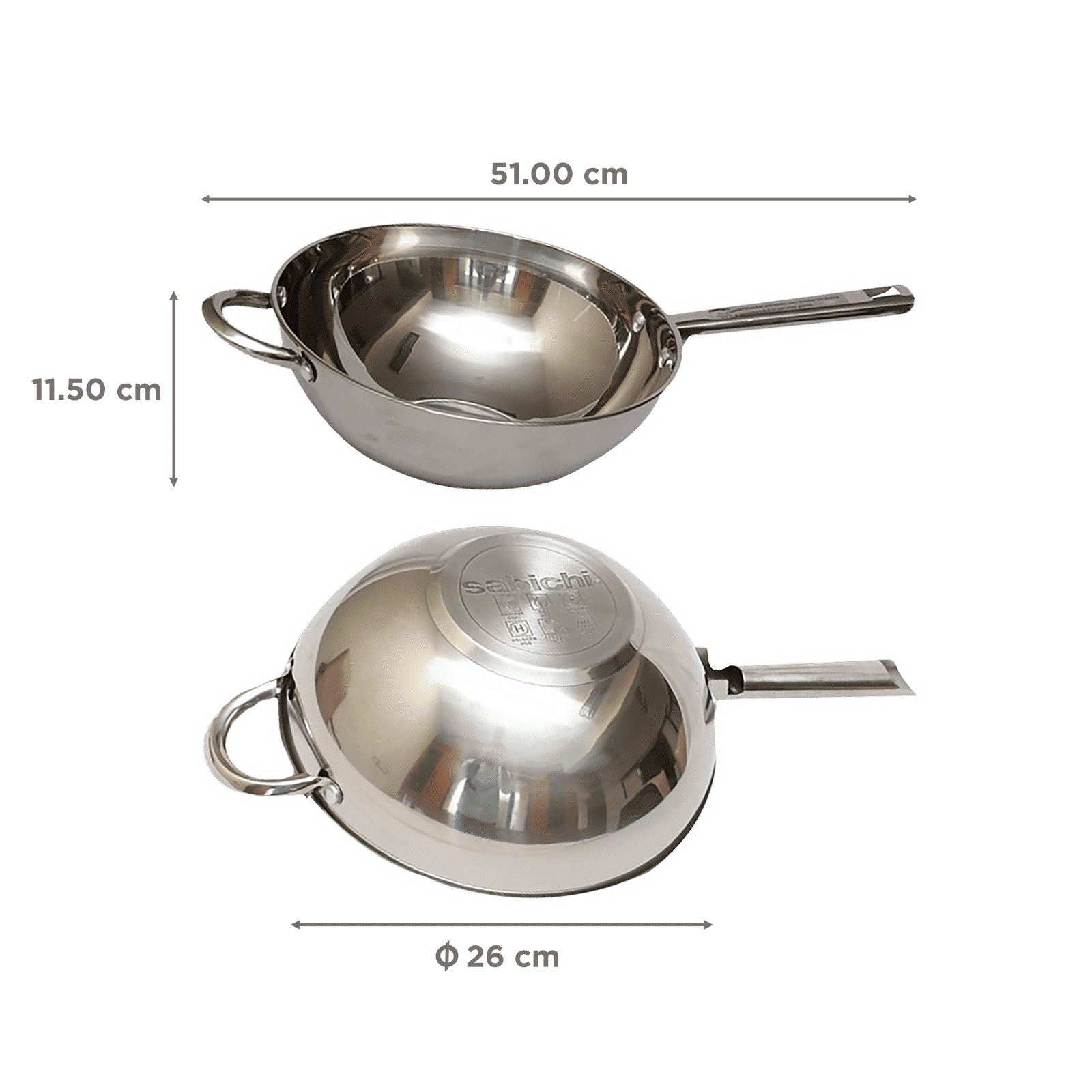 sabichi Haden Essential 2.5L Non Stick Stainless Steel Kadhai (Induction Compatible, Tapered Shape & Mirror Polish, Silver)_2