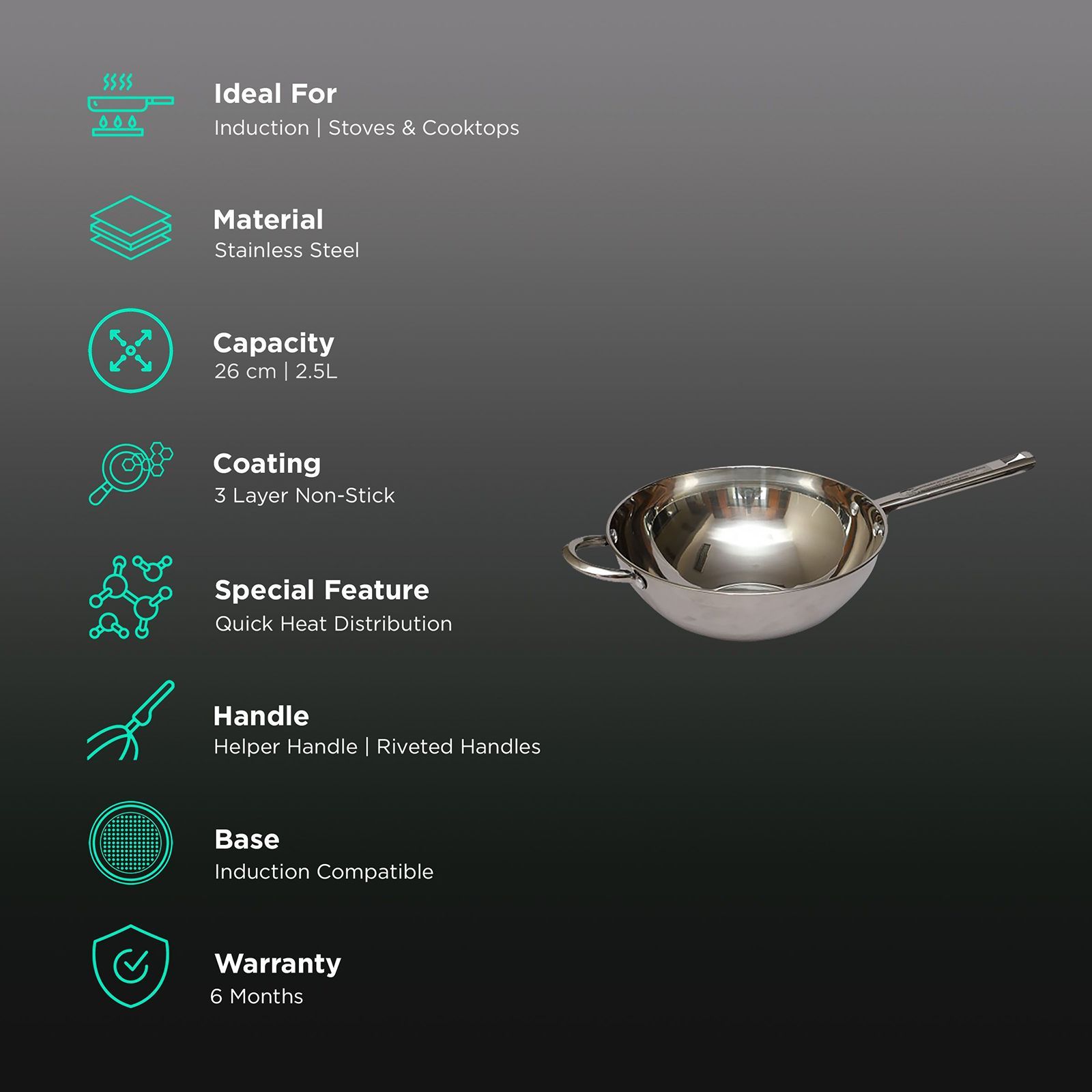 sabichi Haden Essential 2.5L Non Stick Stainless Steel Kadhai (Induction Compatible, Tapered Shape & Mirror Polish, Silver)_3