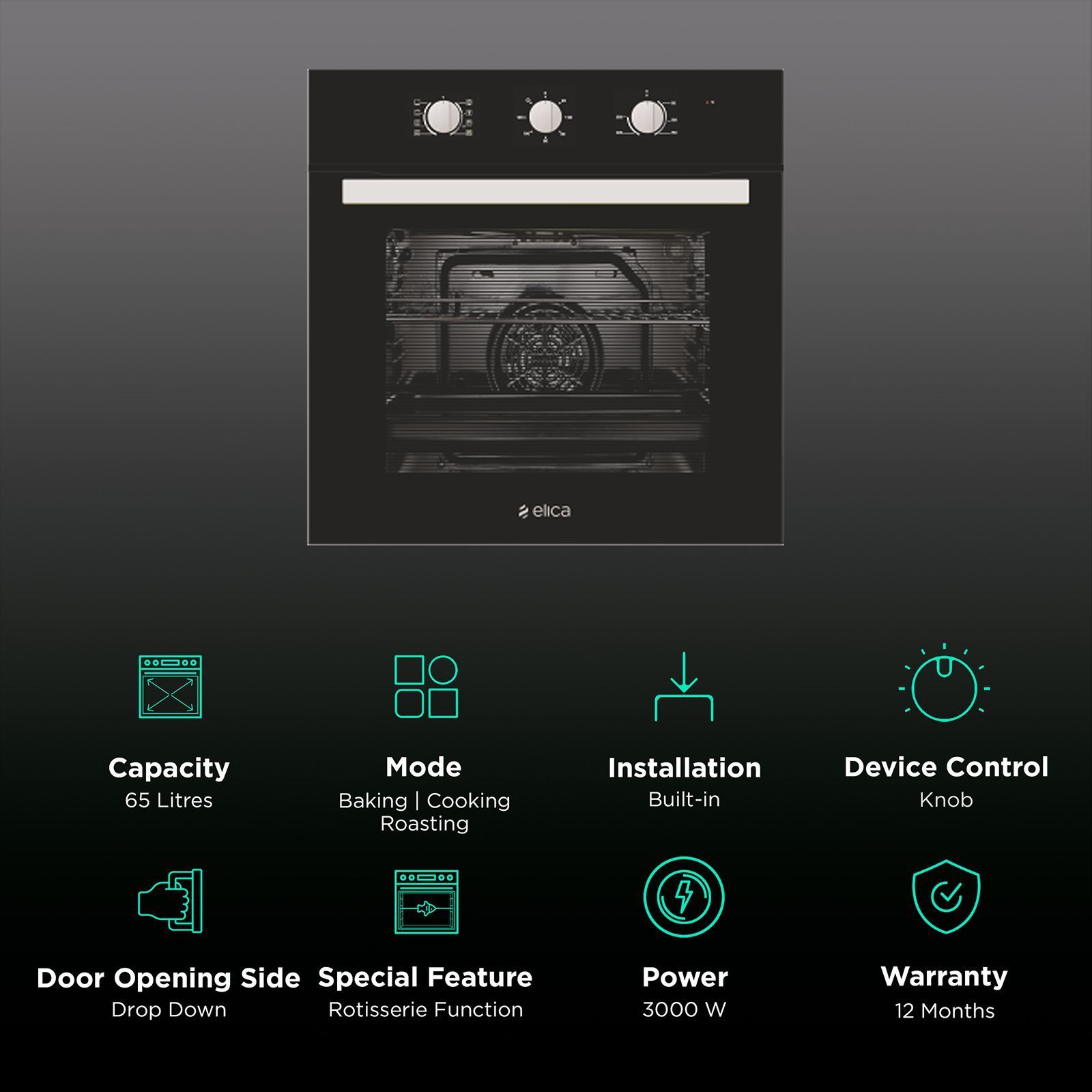 elica 65L 60cm Built-in Microwave with Mechanical Control (EPBI 965 MMF, Black)_3