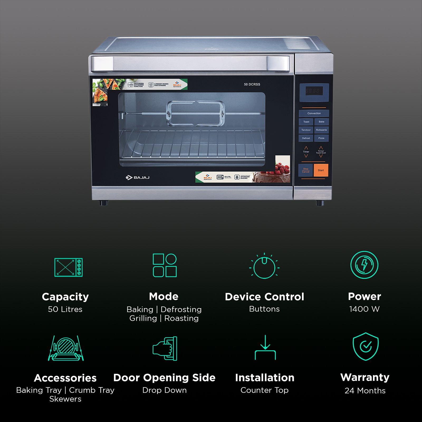 BAJAJ 50 DCRSS 50L Oven Toaster Grill with Motorized Rotisserie (Black/Silver)_3