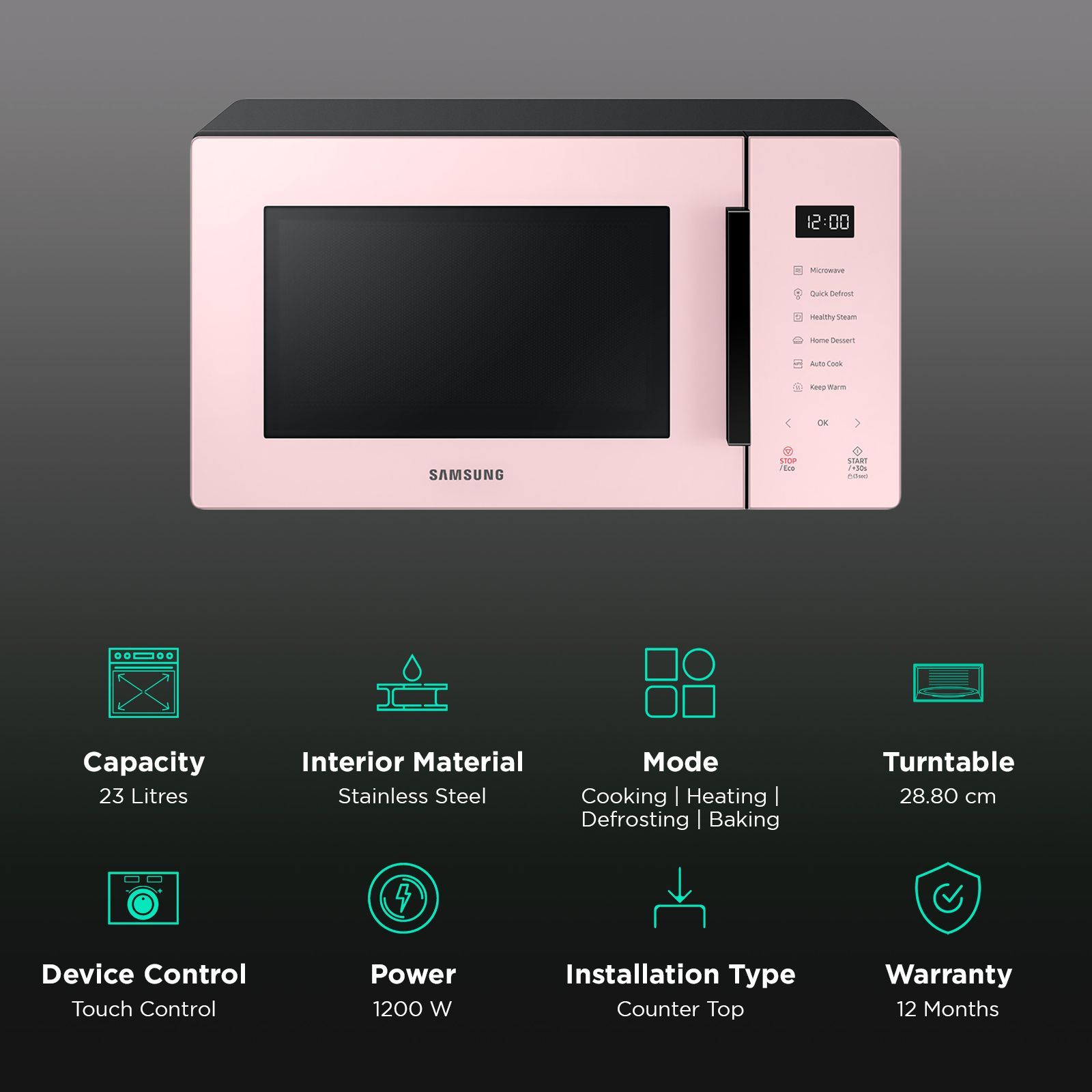 SAMSUNG Baker Series 23L Solo Microwave Oven with Auto Cook (Clean Pink)_3