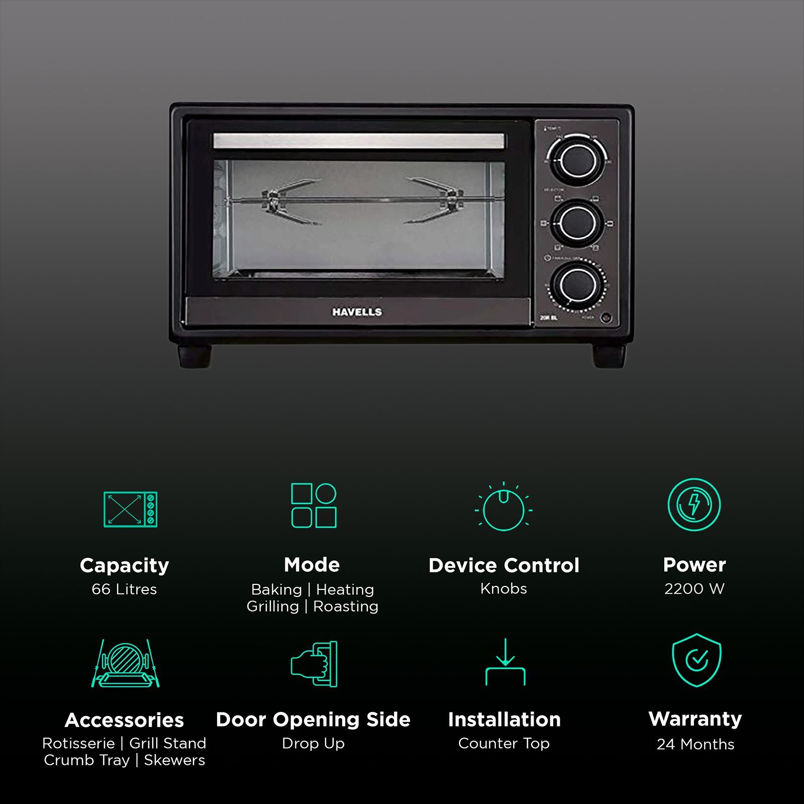 HAVELLS 66RC BL 66L Oven Toaster Grill with Motorized Rotisserie (Black)_3