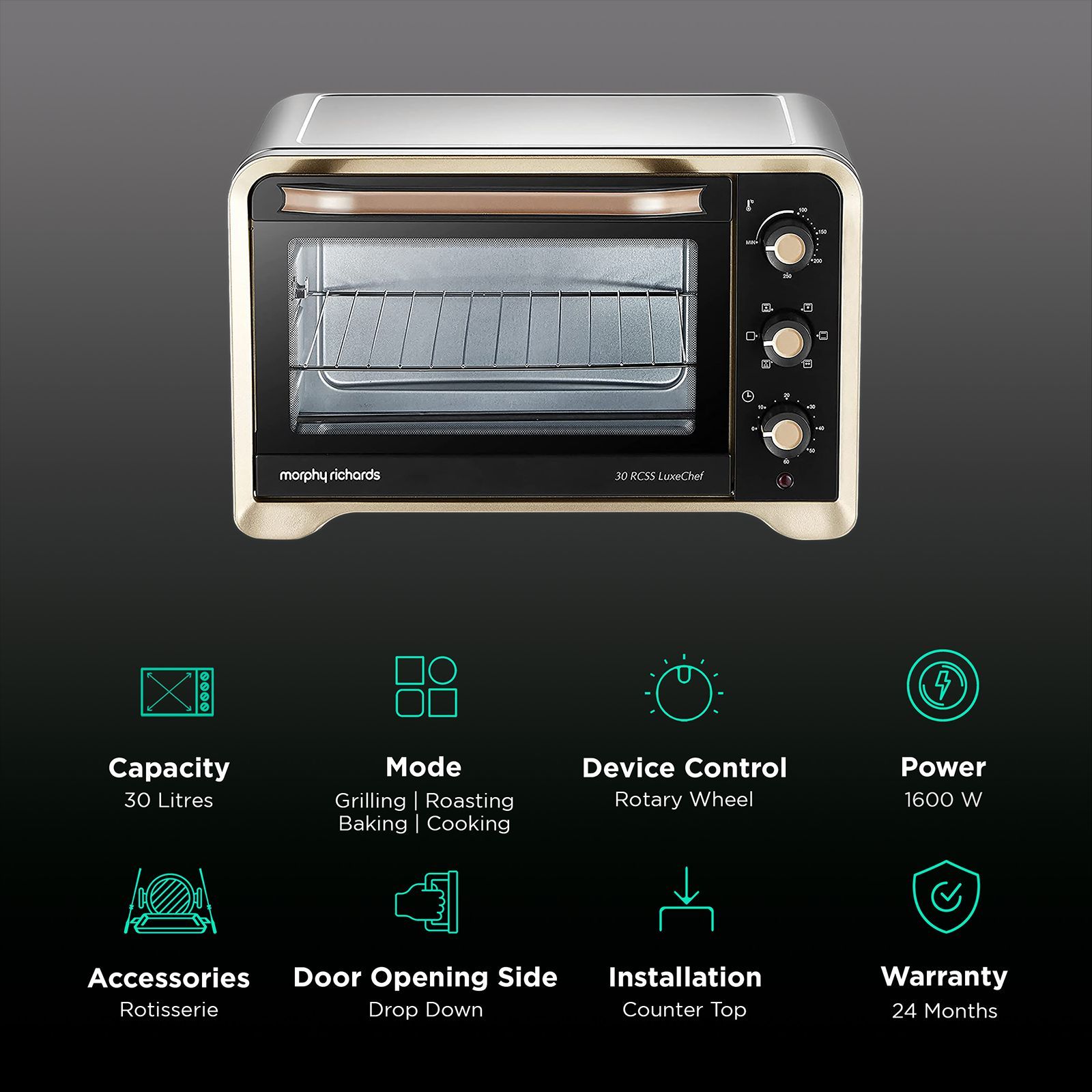 morphy richards 30RCSS LuxeChef 30L Oven Toaster Grill with Rotisserie & Convection Function (30 RCSS LuxeChef, Gold)_3