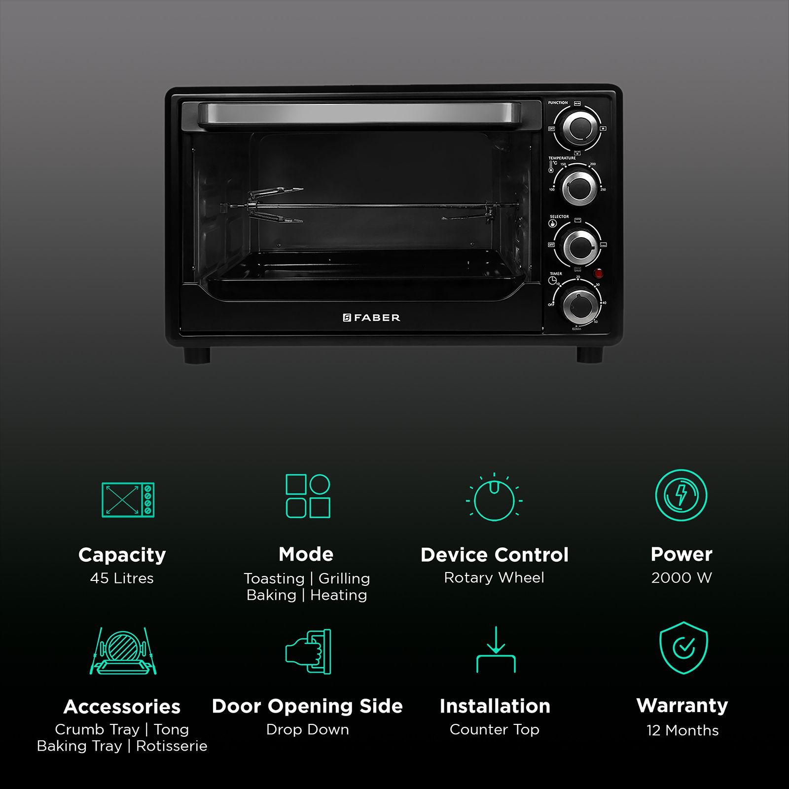 FABER FOTG 45L Oven Toaster Grill with Motorized Rotisserie (Black)_3