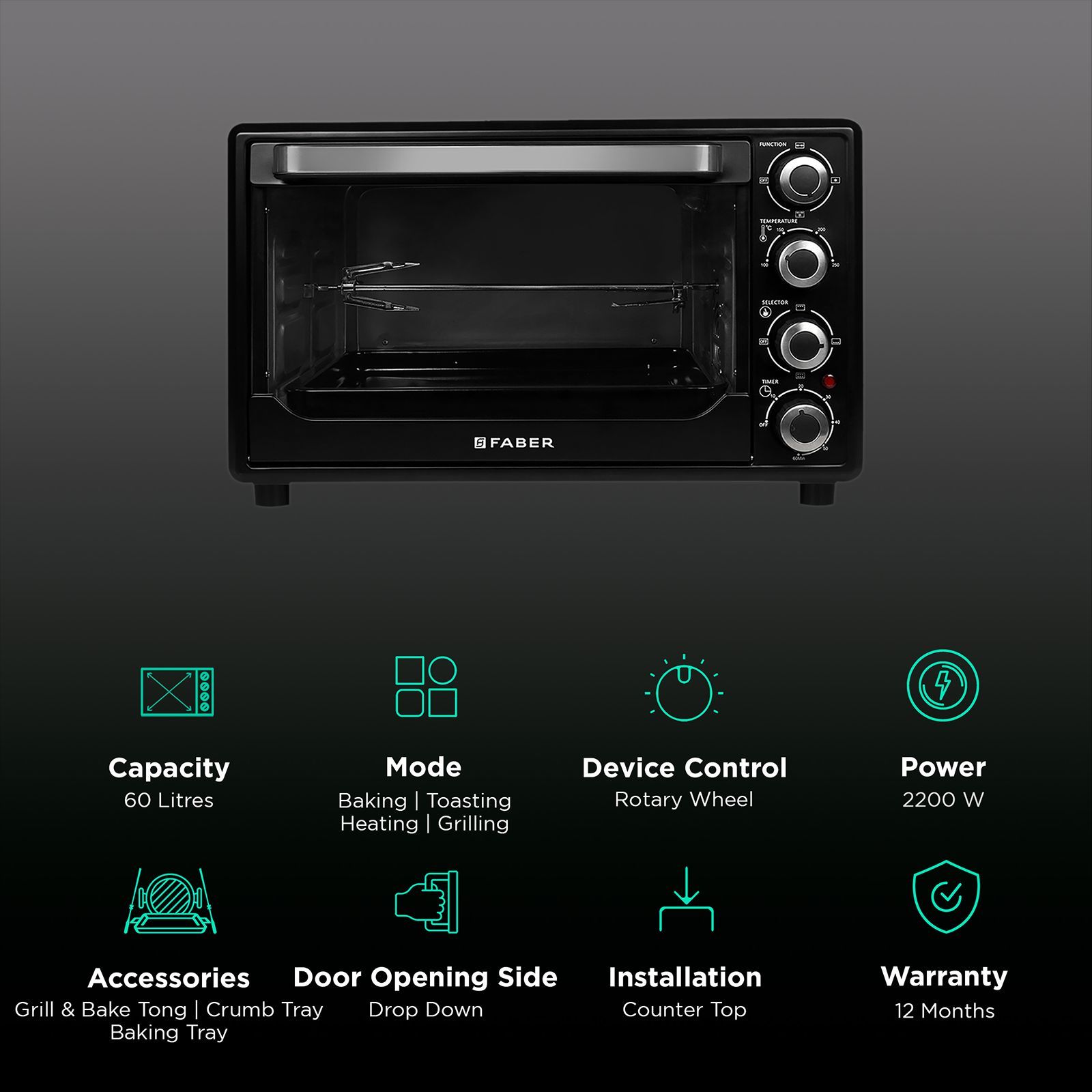 FABER FOTG BK 60L Oven Toaster Grill with Motorized Rotisserie (Black)_3