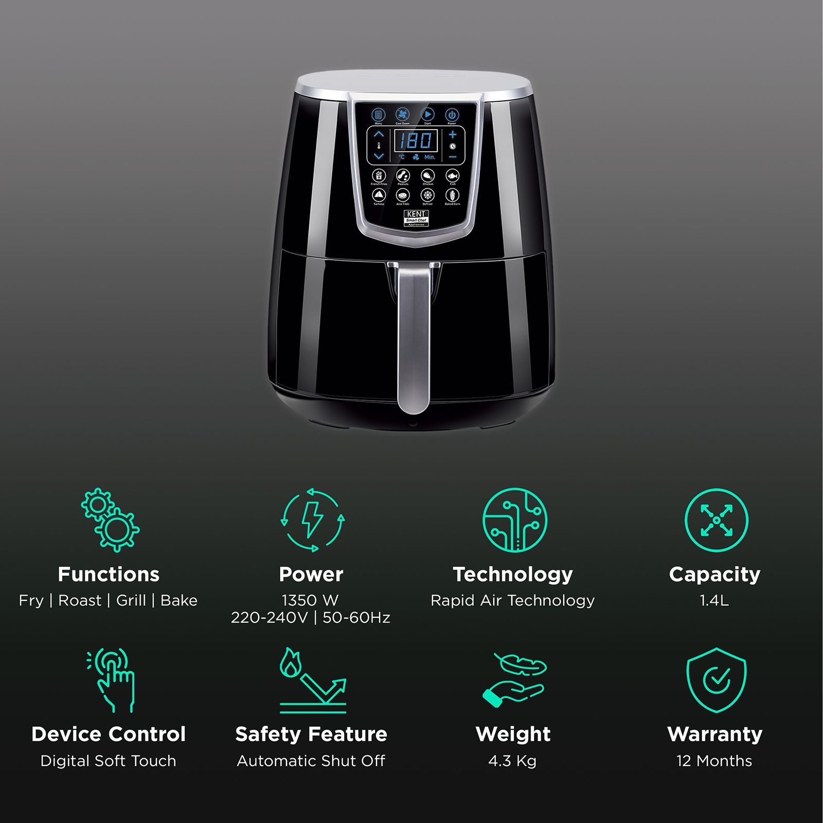KENT 1.4L 1350 Watt Digital Air Fryer with Rapid Air Technology (Black)_3