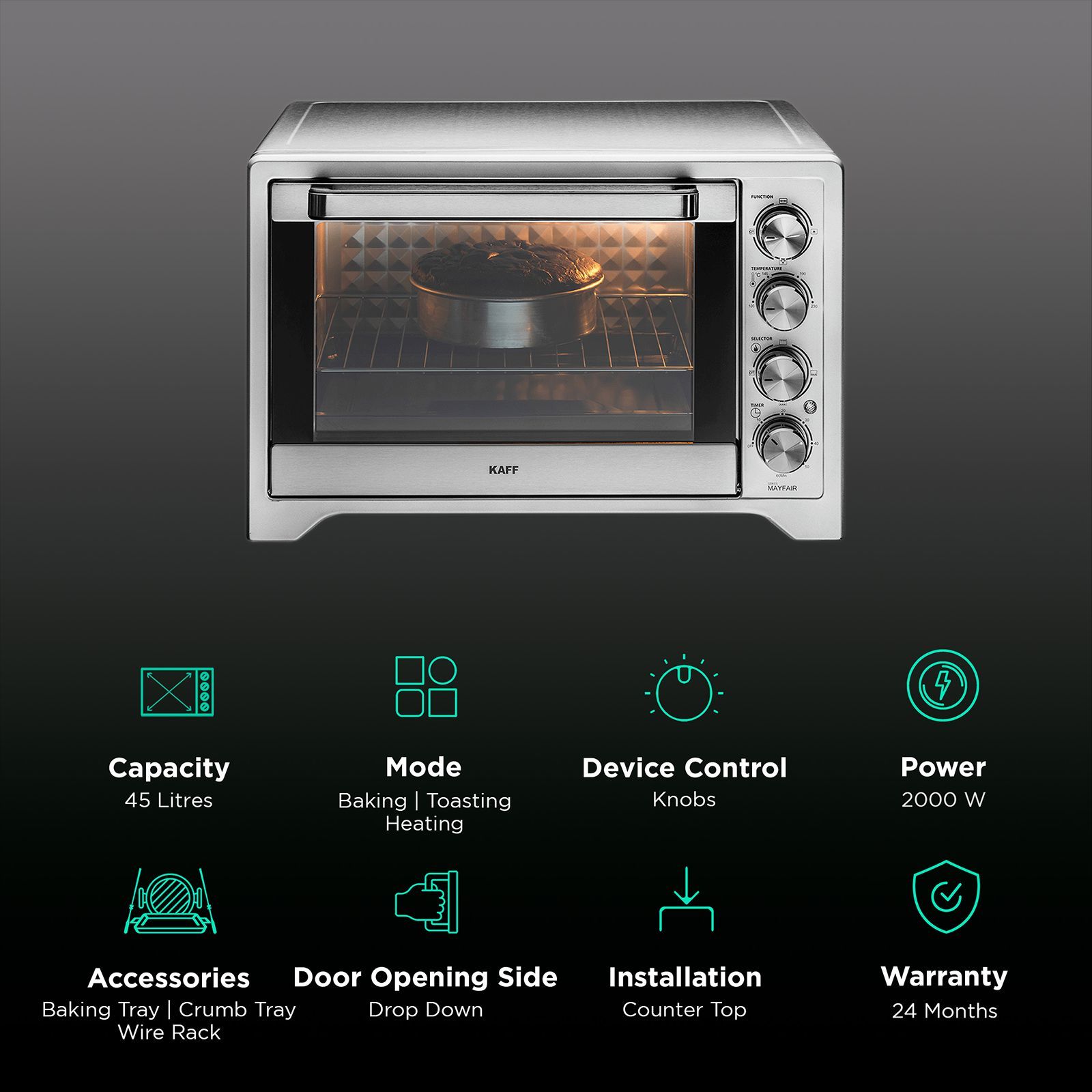 KAFF Series MAYFAIR 45L Oven Toaster Grill with Rotisserie & Convection Function (Silver)_3
