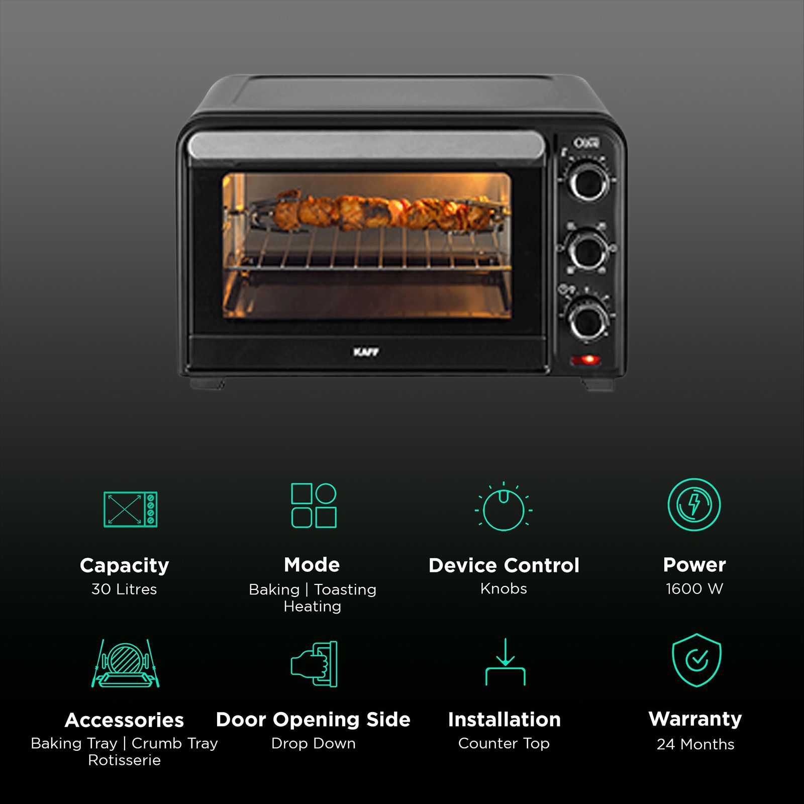 KAFF Series Olive 30L Oven Toaster Grill with Motorized Rotisserie (Black)_3