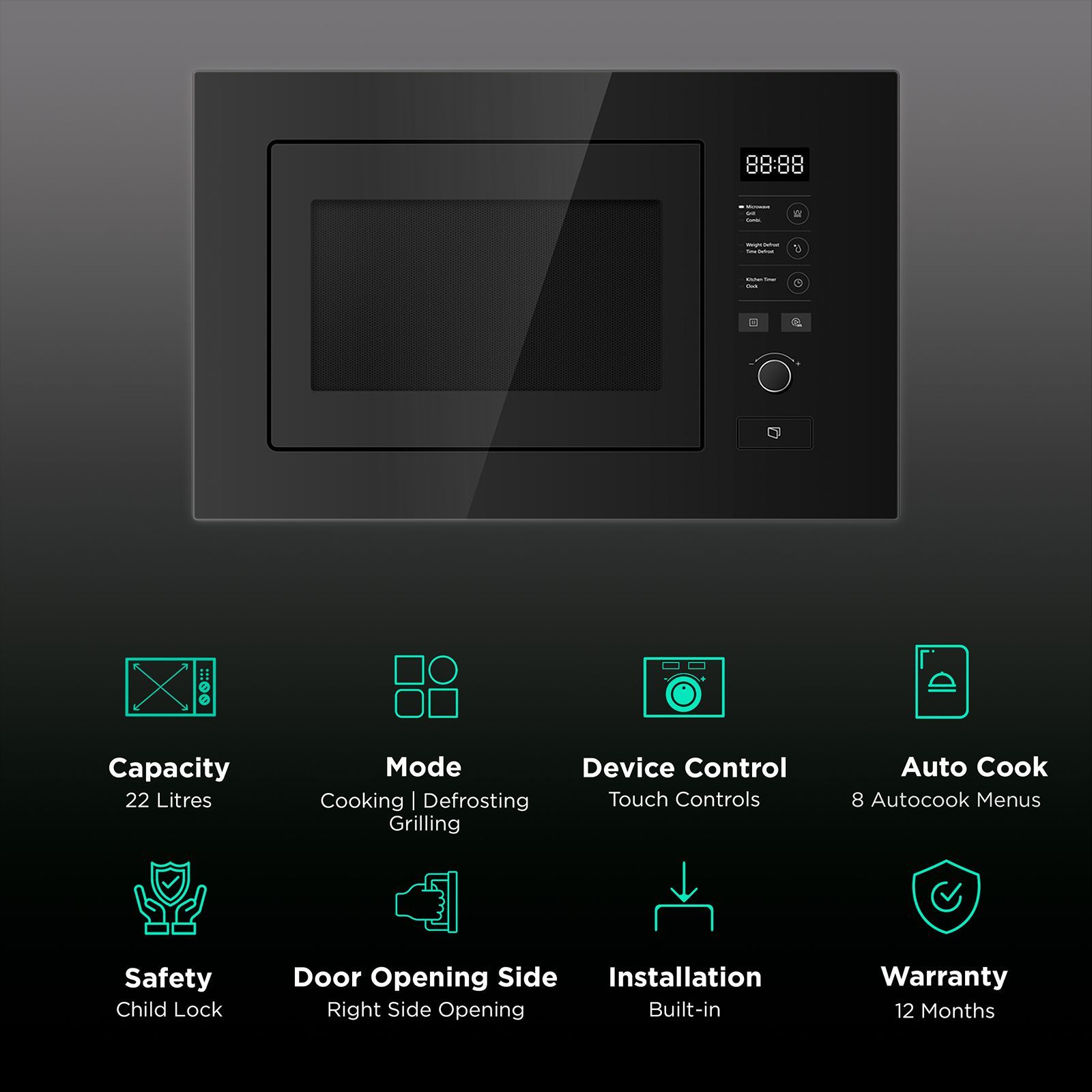 elica Touch 22L 60cm Built-in Microwave with 8 Autocook Menus (EPBI MWO GL 220, Black) elica Touch 22L 60cm Built-in Microwave with 8 Autocook Menus (EPBI MWO GL 220, Black)_3