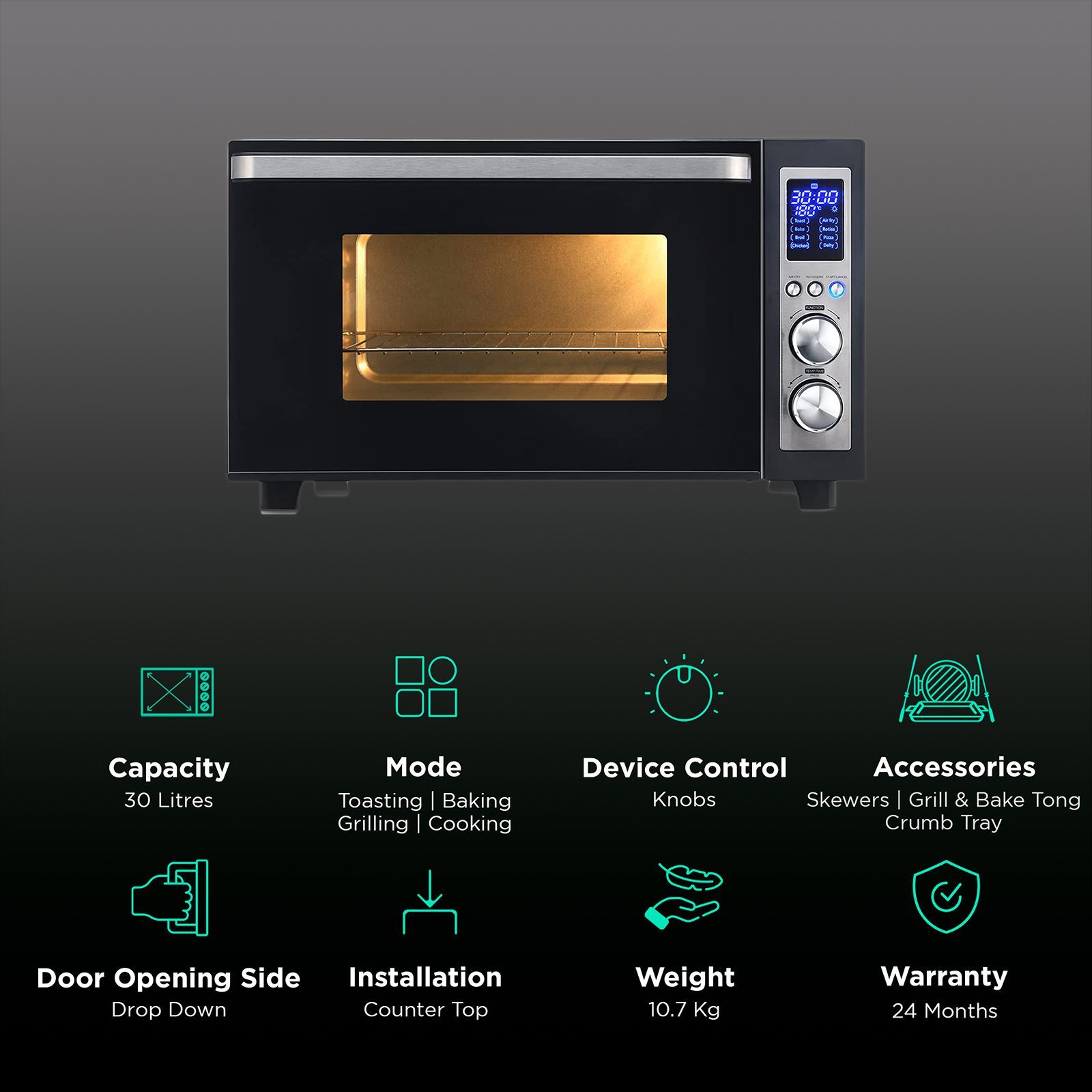 USHA Calypso 30L Oven Toaster Grill with Motorized Rotisserie (OTGW30DRC, Black)_3