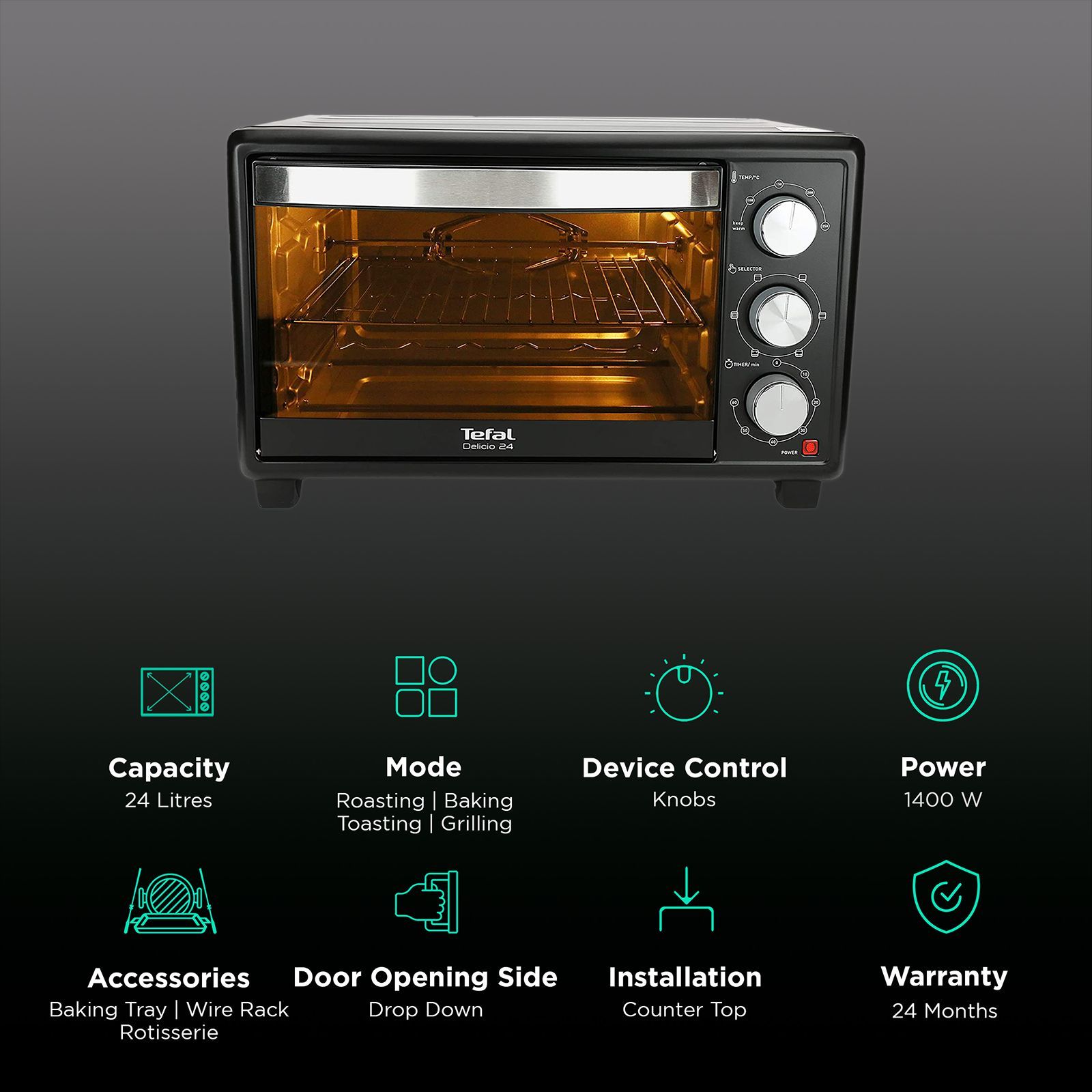 Tefal Delicio 24L Oven Toaster Grill with Motorized Rotisserie (Black/Silver)_3