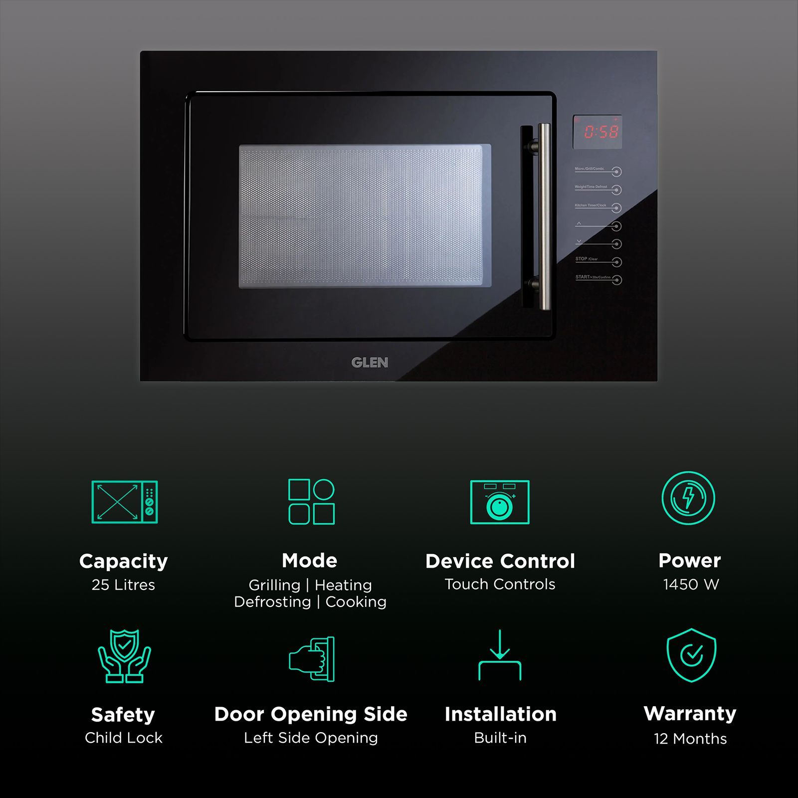 GLEN 25L Built-in Microwave with 8 Autocook Menus (MO-675, Black) GLEN 25L Built-in Microwave with 8 Autocook Menus (MO-675, Black)_3