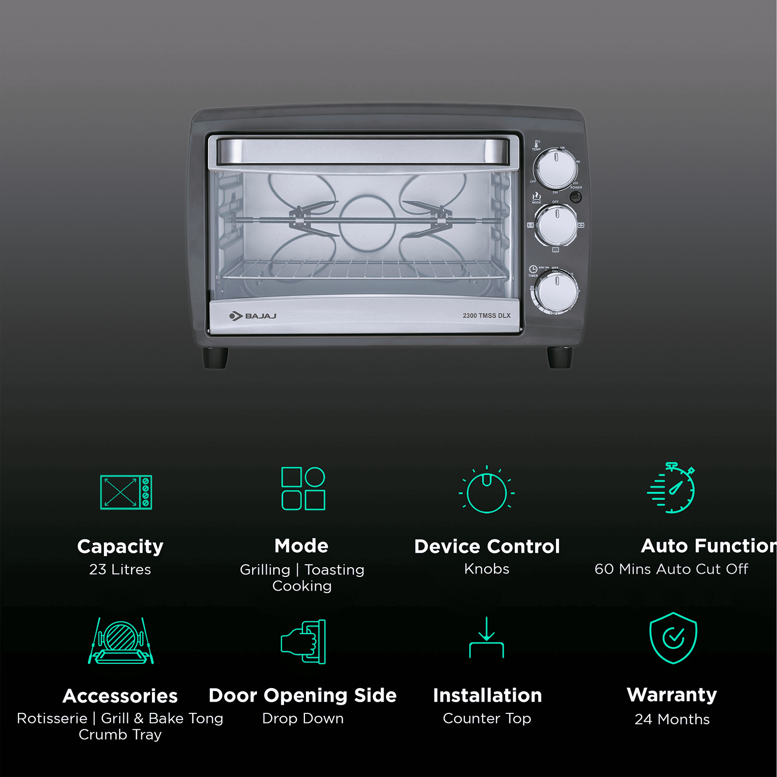 BAJAJ 2300 TMSS DLX 23L Oven Toaster Grill with Motorized Rotisserie (Black)_3