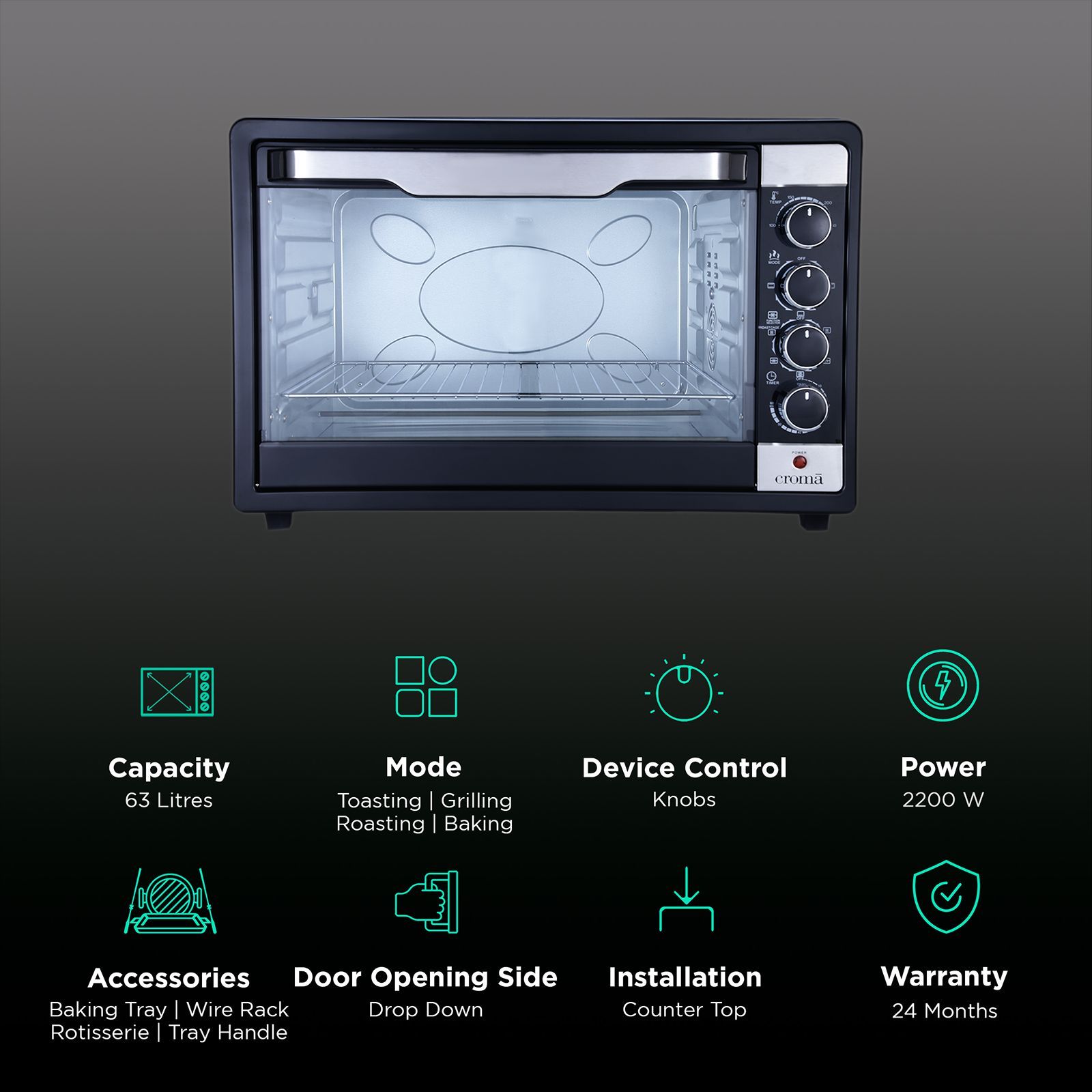 Croma 63L Oven Toaster Grill with Motorised Rotisserie (CRLO63LOGA017802, Black)_3