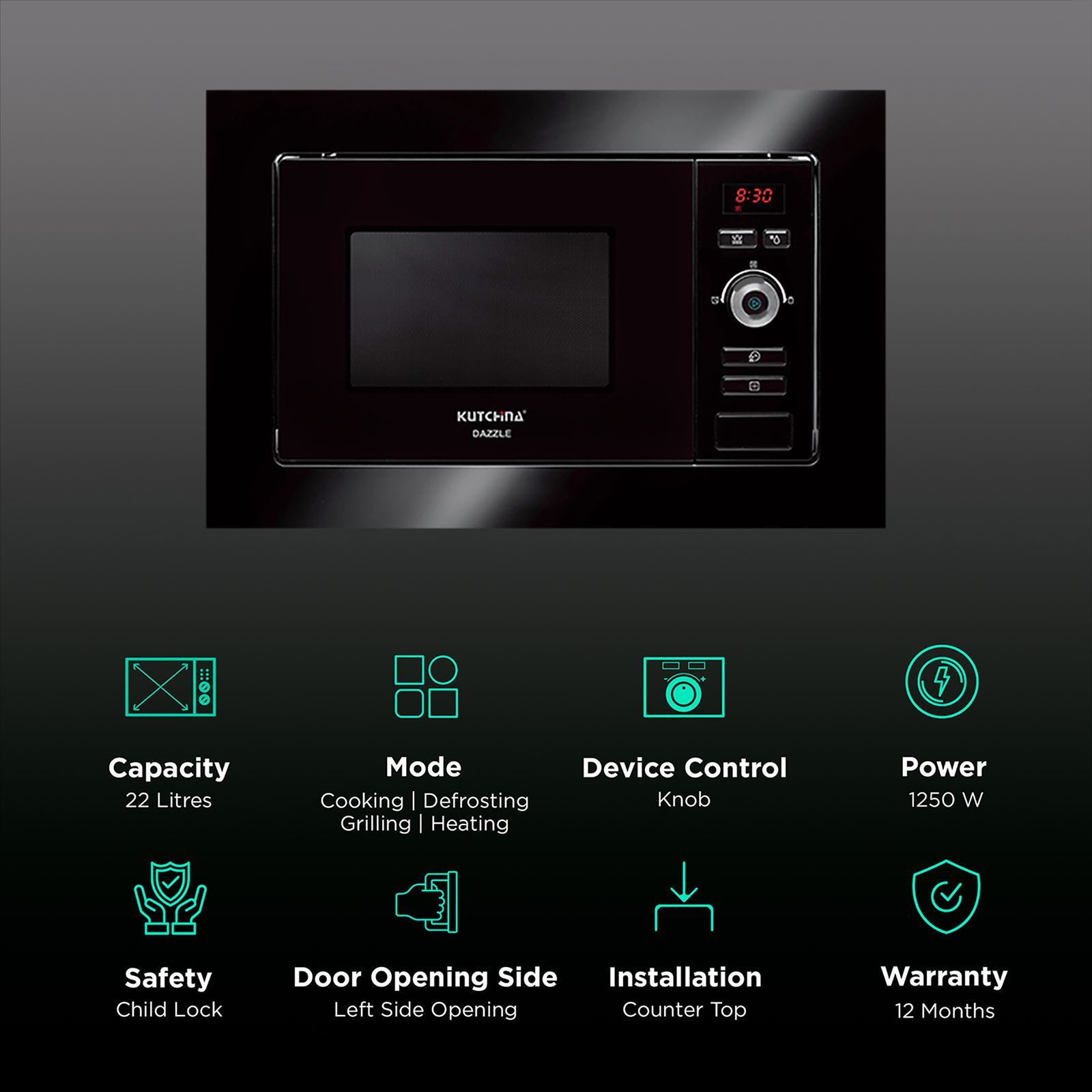 Kutchina Dazzle 22L 60cm Built-in Microwave with 8 Autocook Menus (243, Black)_3