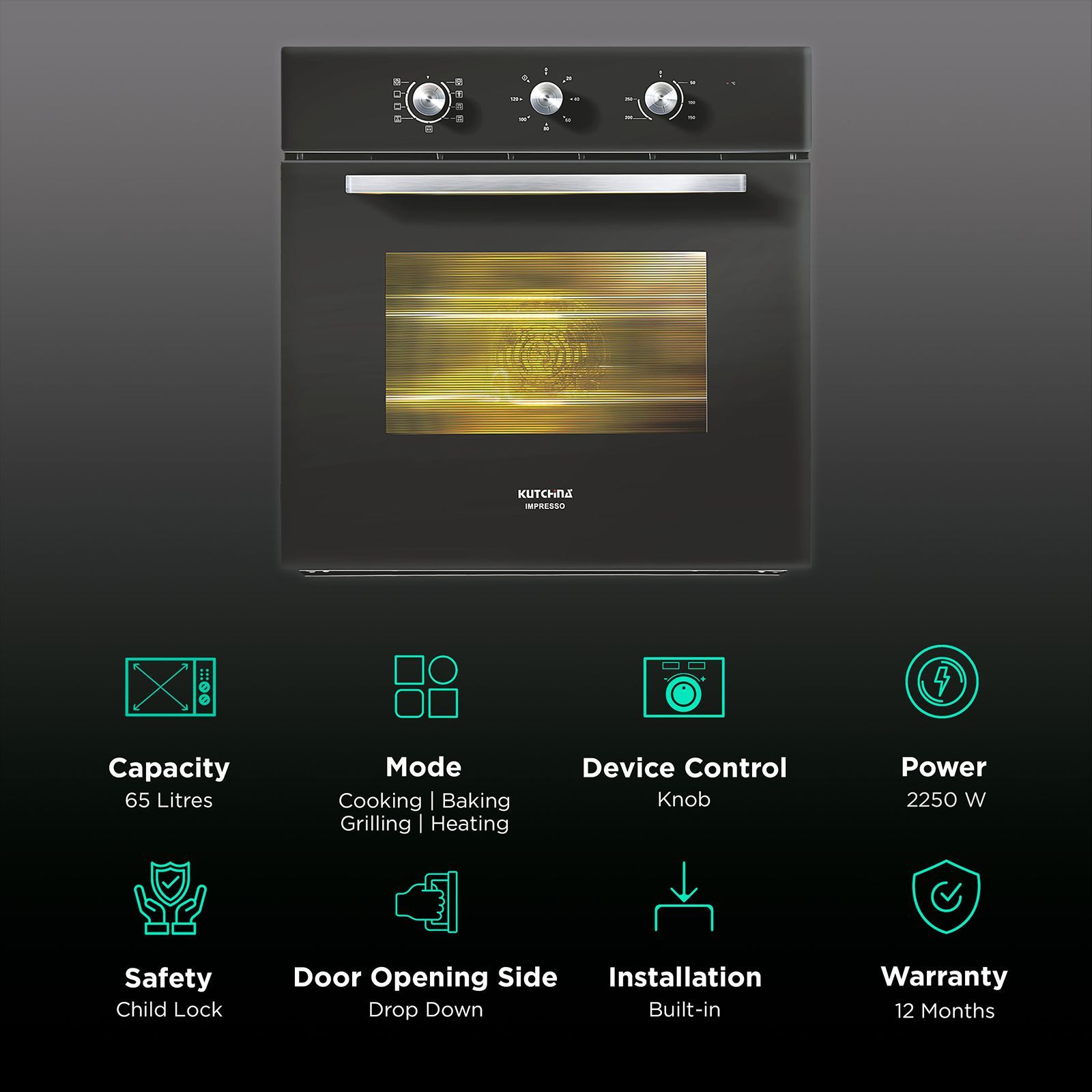 Kutchina Impresso 65L Built-in Convection Microwave with 9 Autocook Menus (244, Black)_3