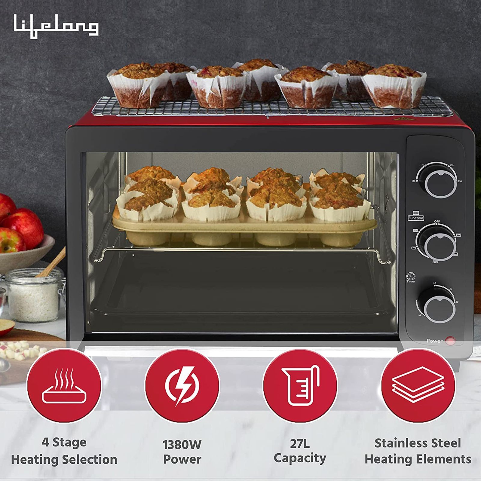 Lifelong LLOT27 27L Oven Toaster Grill with Motorized Rotisserie (Red)_5