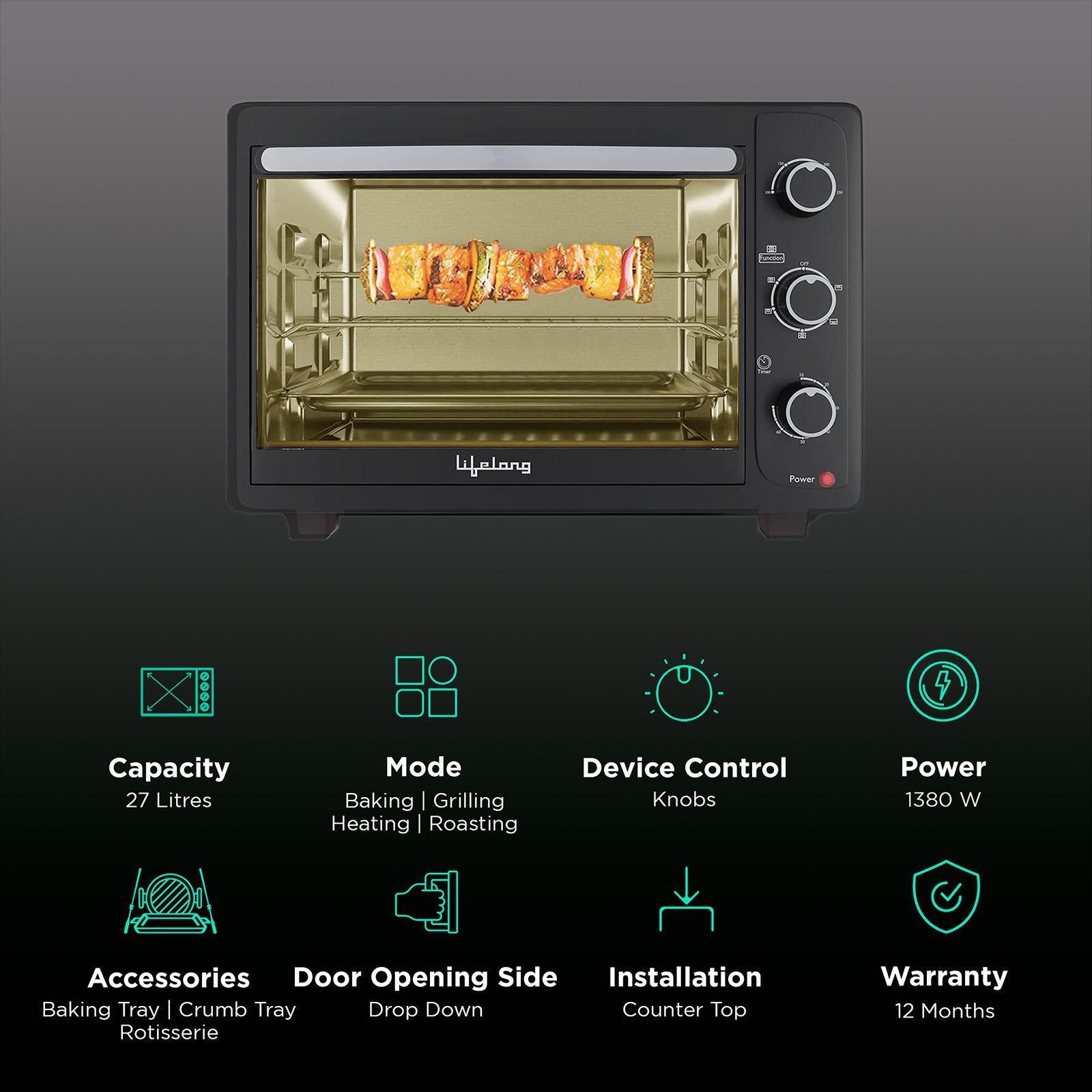 Lifelong LLOT27 27L Oven Toaster Grill with Motorized Rotisserie (Red)_3