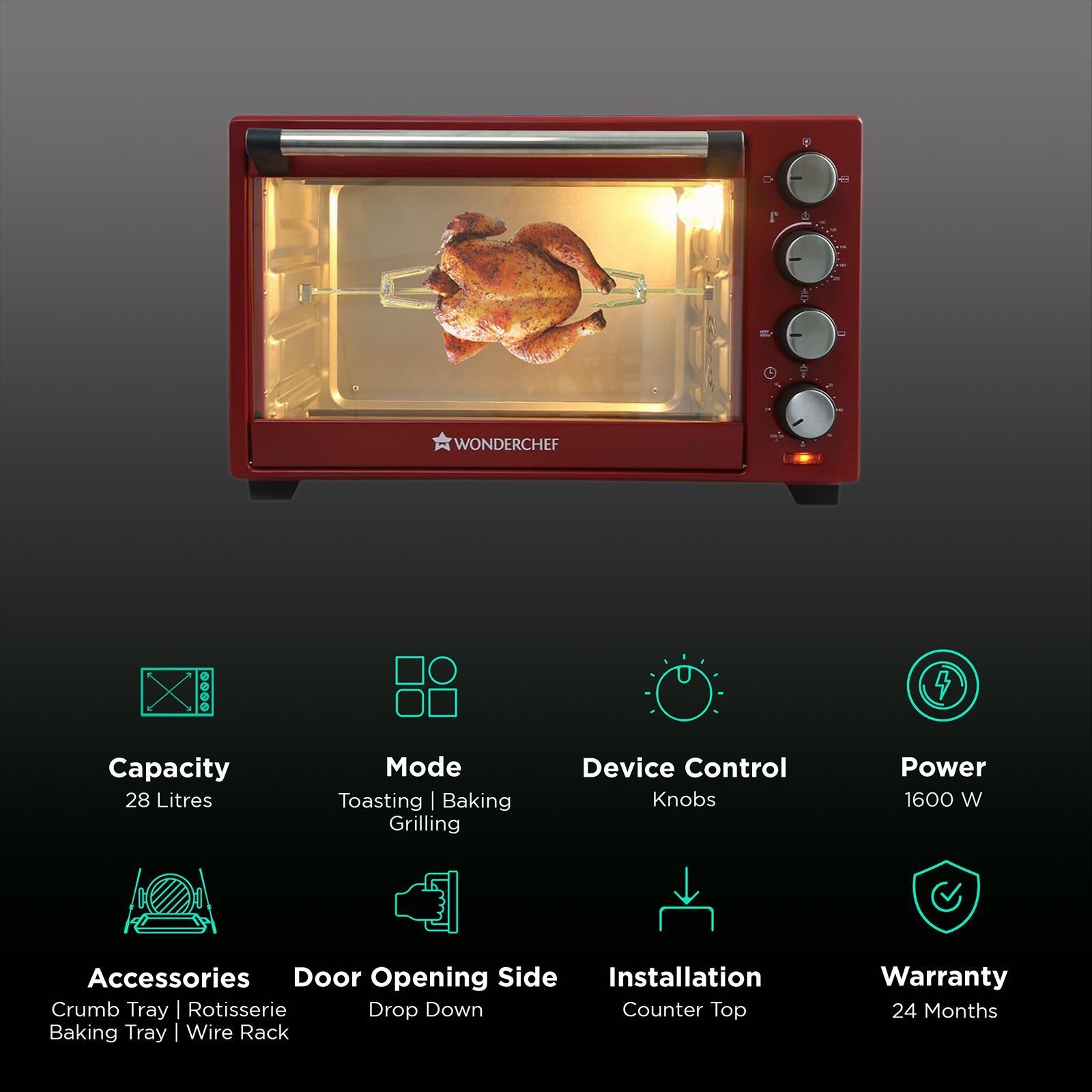 WONDERCHEF Crimson Edge 28L Oven Toaster Grill with Cutting Edge Technology (Red)_3