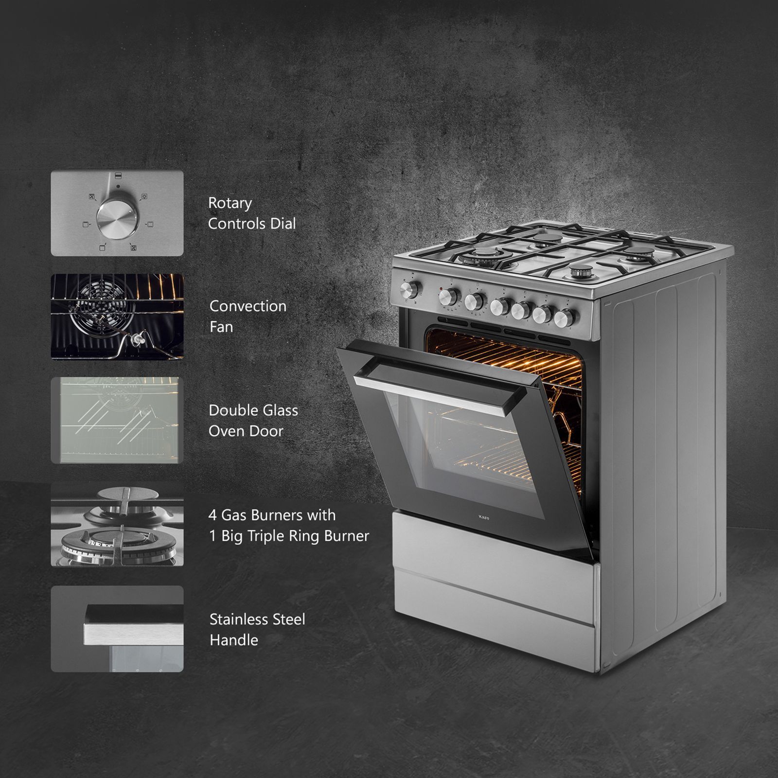 KAFF 60 Litres 4 Burner Cooking Range with Electric Oven (KAB60SS, Silver)_5