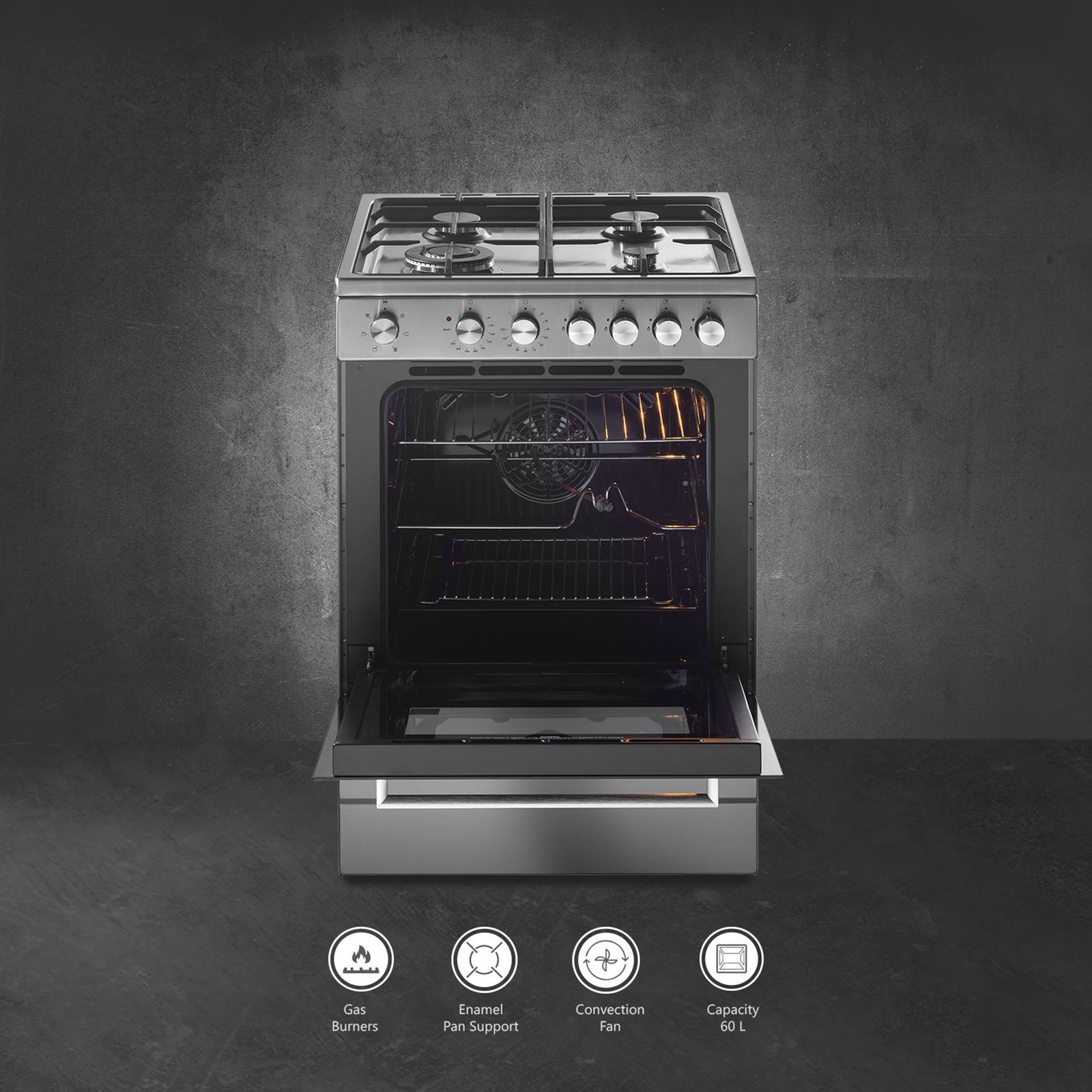 KAFF 60 Litres 4 Burner Cooking Range with Electric Oven (KAB60SS, Silver)_6