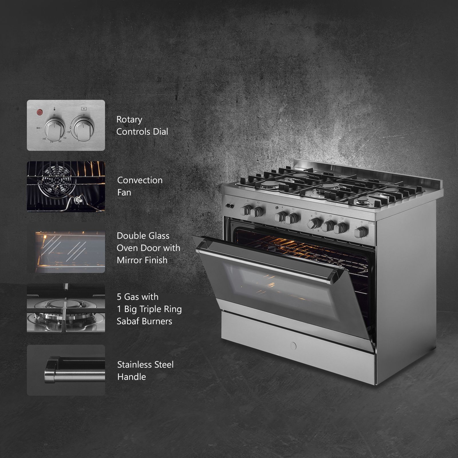 KAFF 100 Litres 5 Burner Cooking Range with Electric Oven (KGM90, Silver)_4