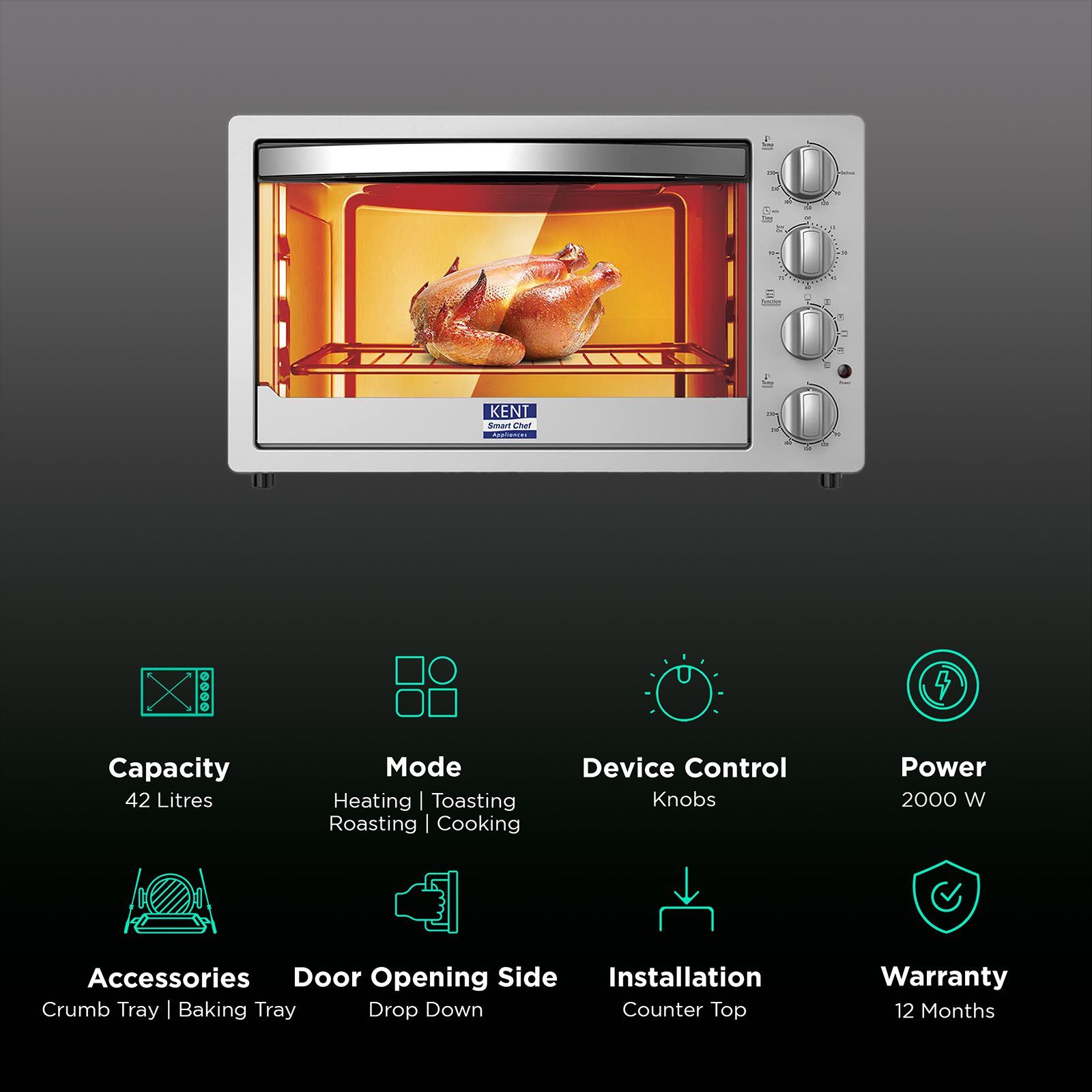 KENT 42L Oven Toaster Grill with Rotisserie & Convection Function (16080, Silver) KENT 42L Oven Toaster Grill with Rotisserie & Convection Function (16080, Silver)_3