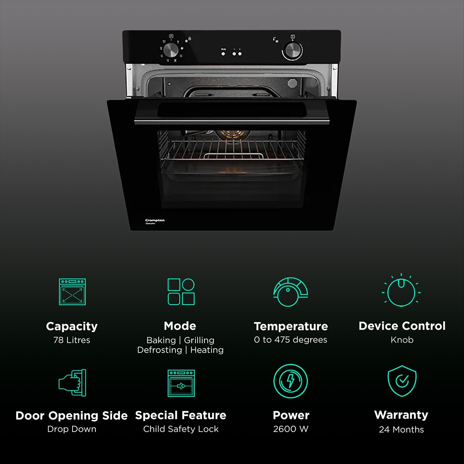 Crompton GrandArt 78L Built-in Microwave Oven with Catalytic Enamel Panel (Midnight Black)_3