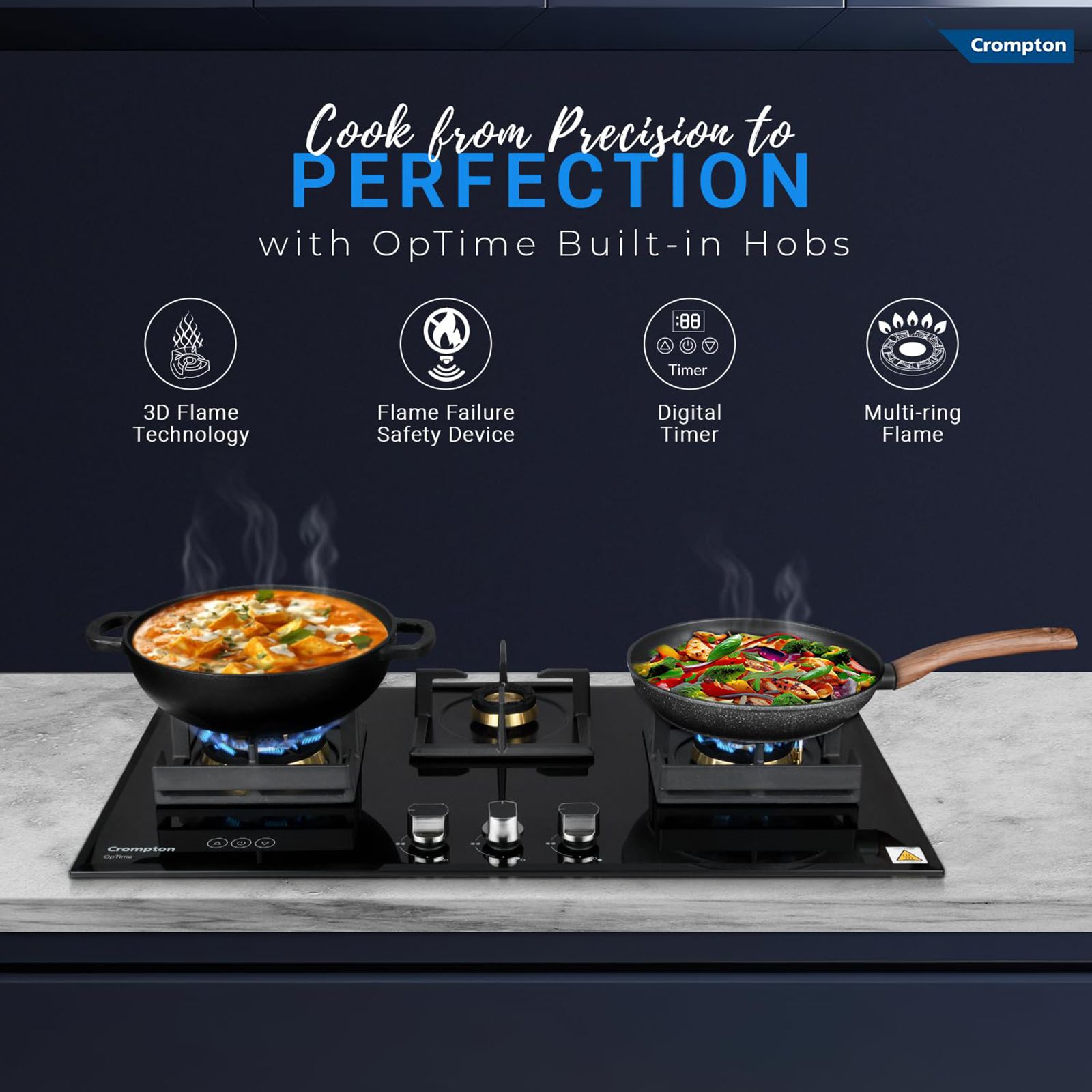 Crompton Optime Toughened Glass Top 3 Burner Automatic Hob (3D Flame Technology, Midnight Black)_11