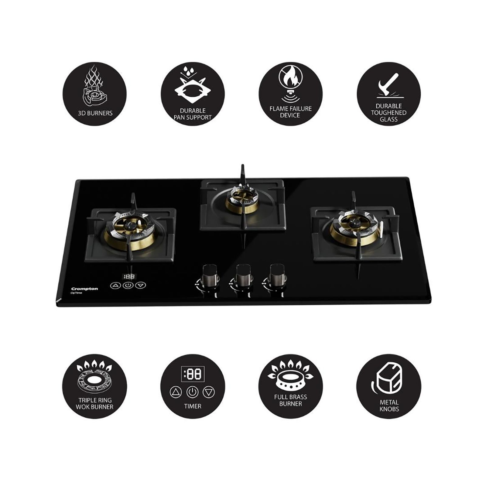 Crompton Optime Toughened Glass Top 3 Burner Automatic Hob (3D Flame Technology, Midnight Black)_8