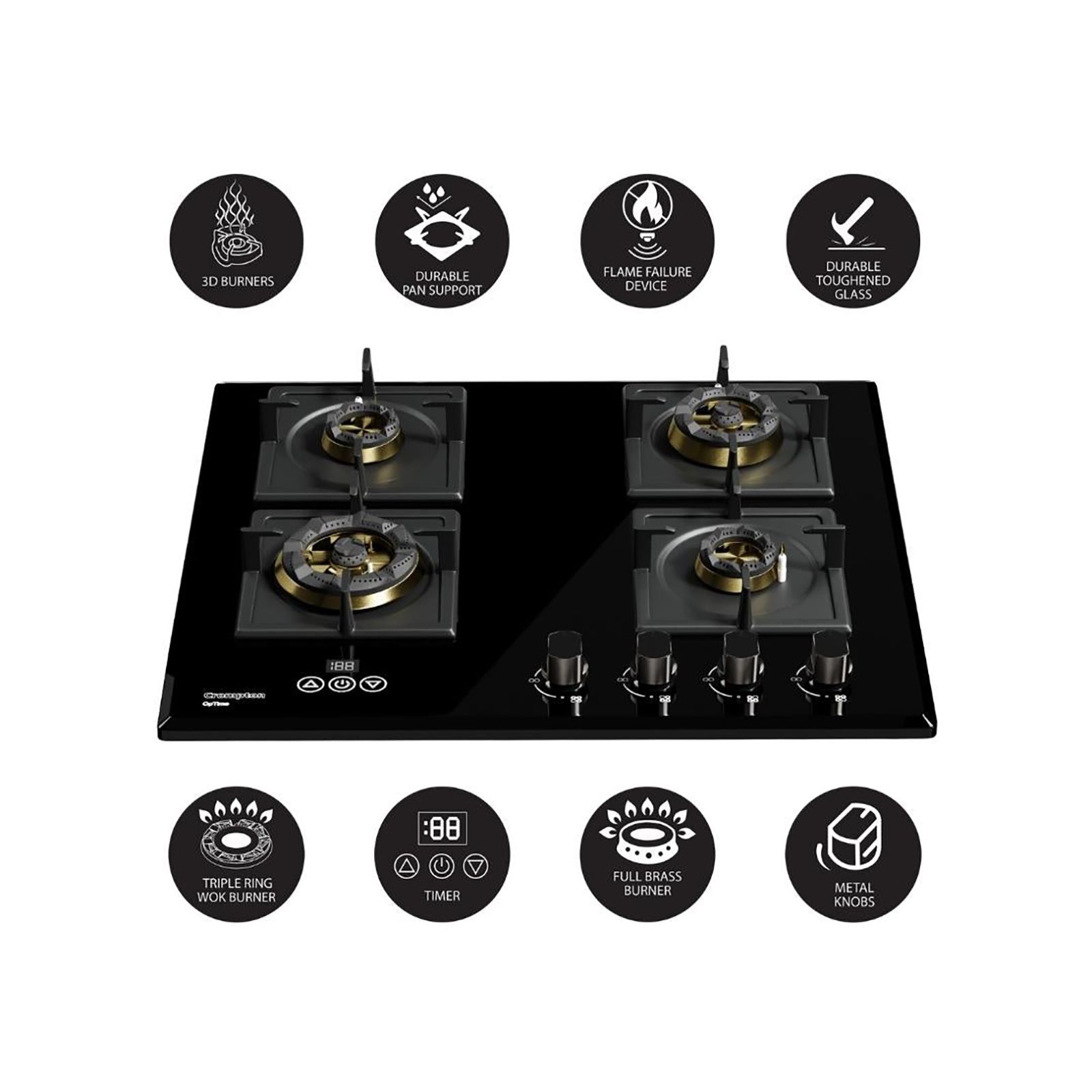 Crompton Optime Toughened Glass Top 4 Burner Automatic Hob (3D Flame Technology, Midnight Black)_8