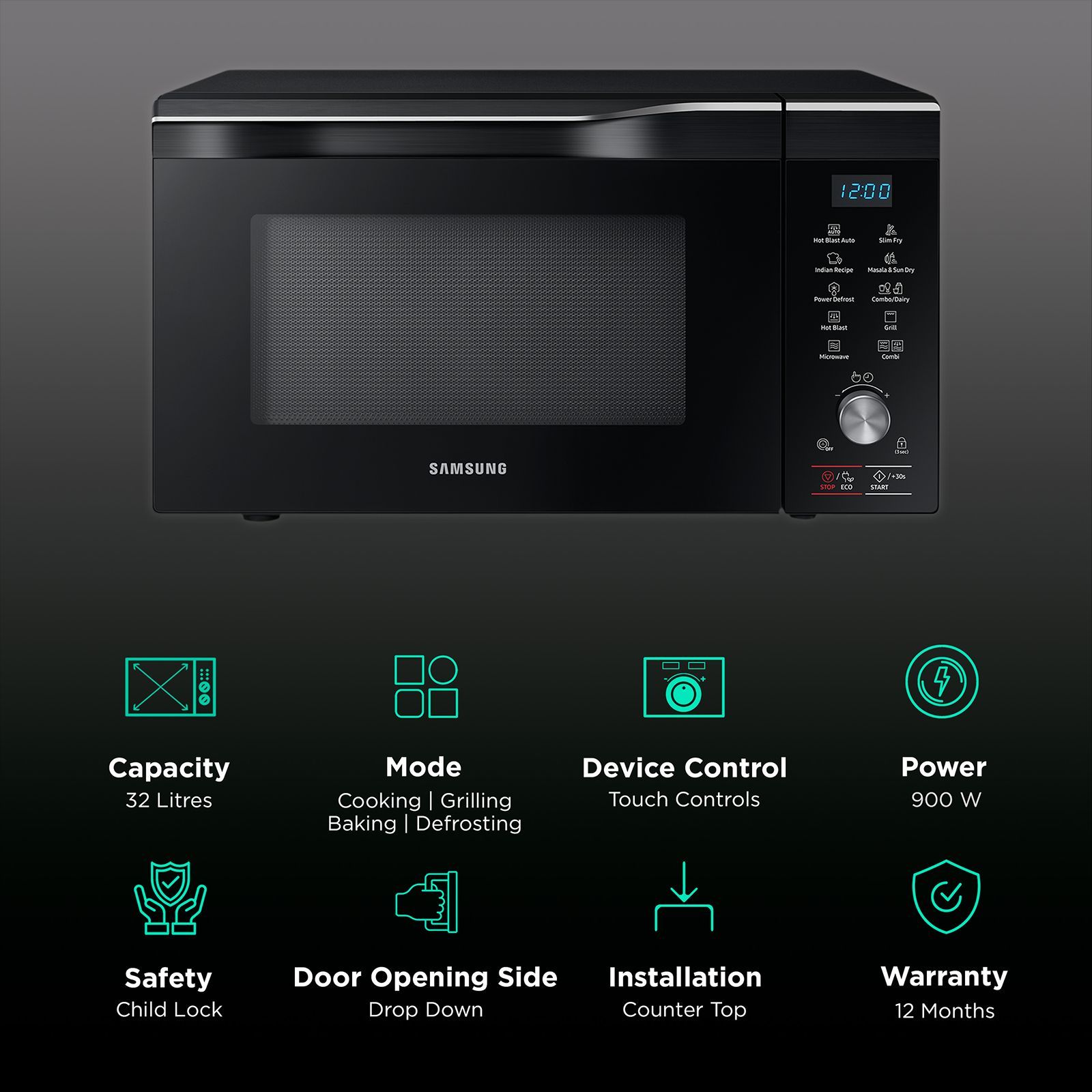 SAMSUNG 32L Convection Microwave Oven with SLIM FRY Technology (MC32A7056CK/TL, Black)_3