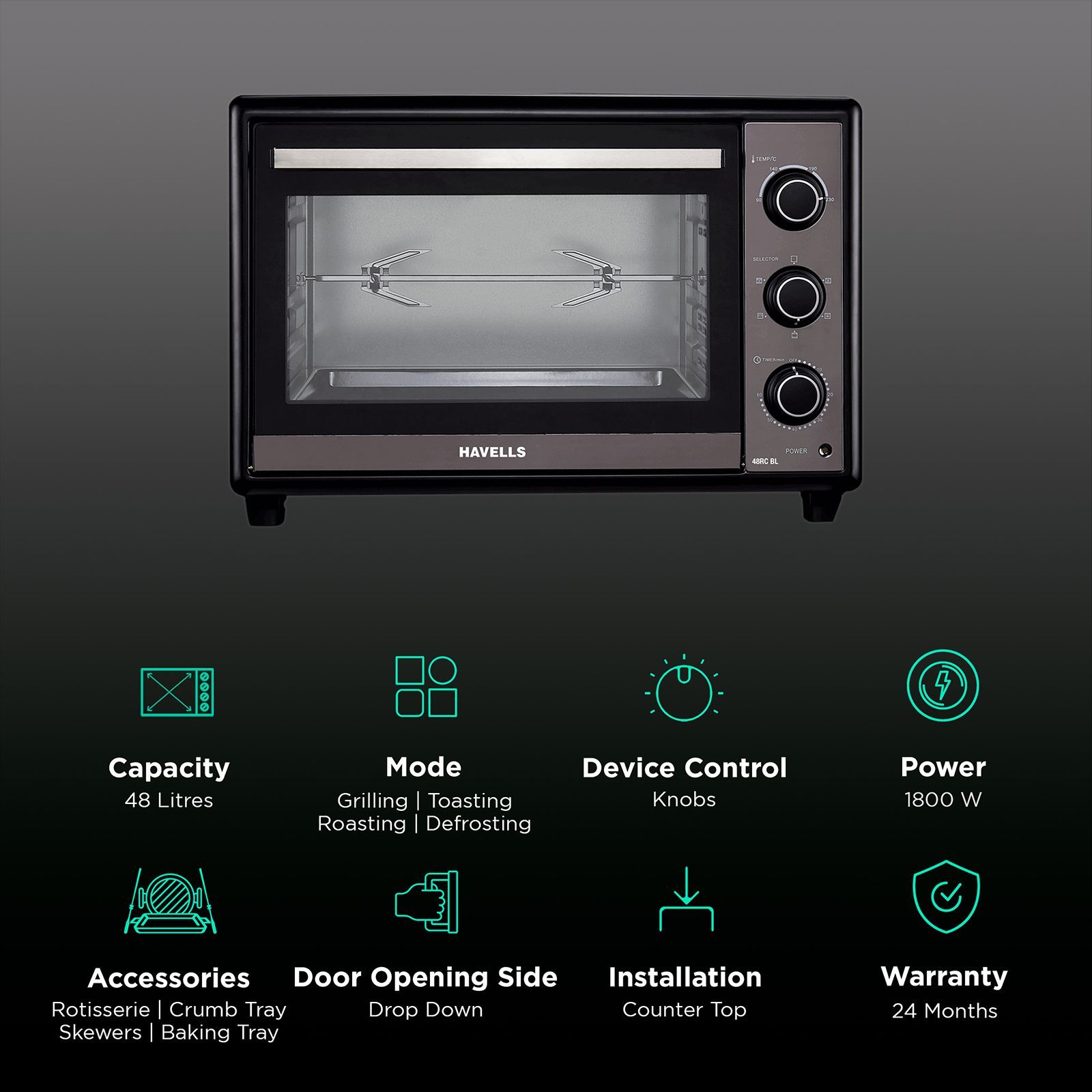 HAVELLS 48RC BL 48L Oven Toaster Grill with Motorized Rotisserie (Black)_3