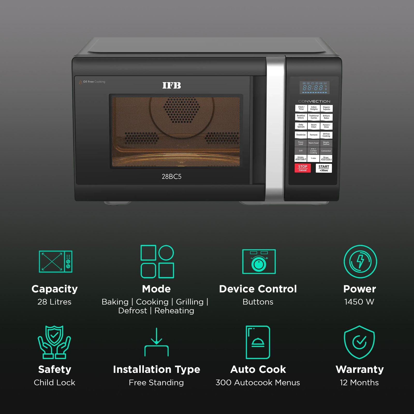 IFB 28L Convection Microwave Oven with 300 Auto Cook Menus (28BC5, Black)_3