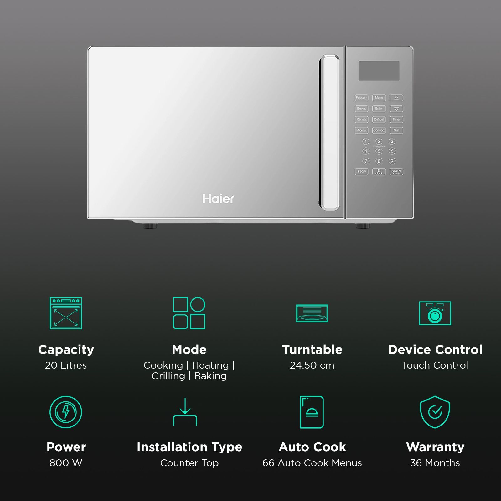 Haier 20L Convection Microwave Oven with 66 Autocook Menu (HIL2001CSSH, Silver)_3