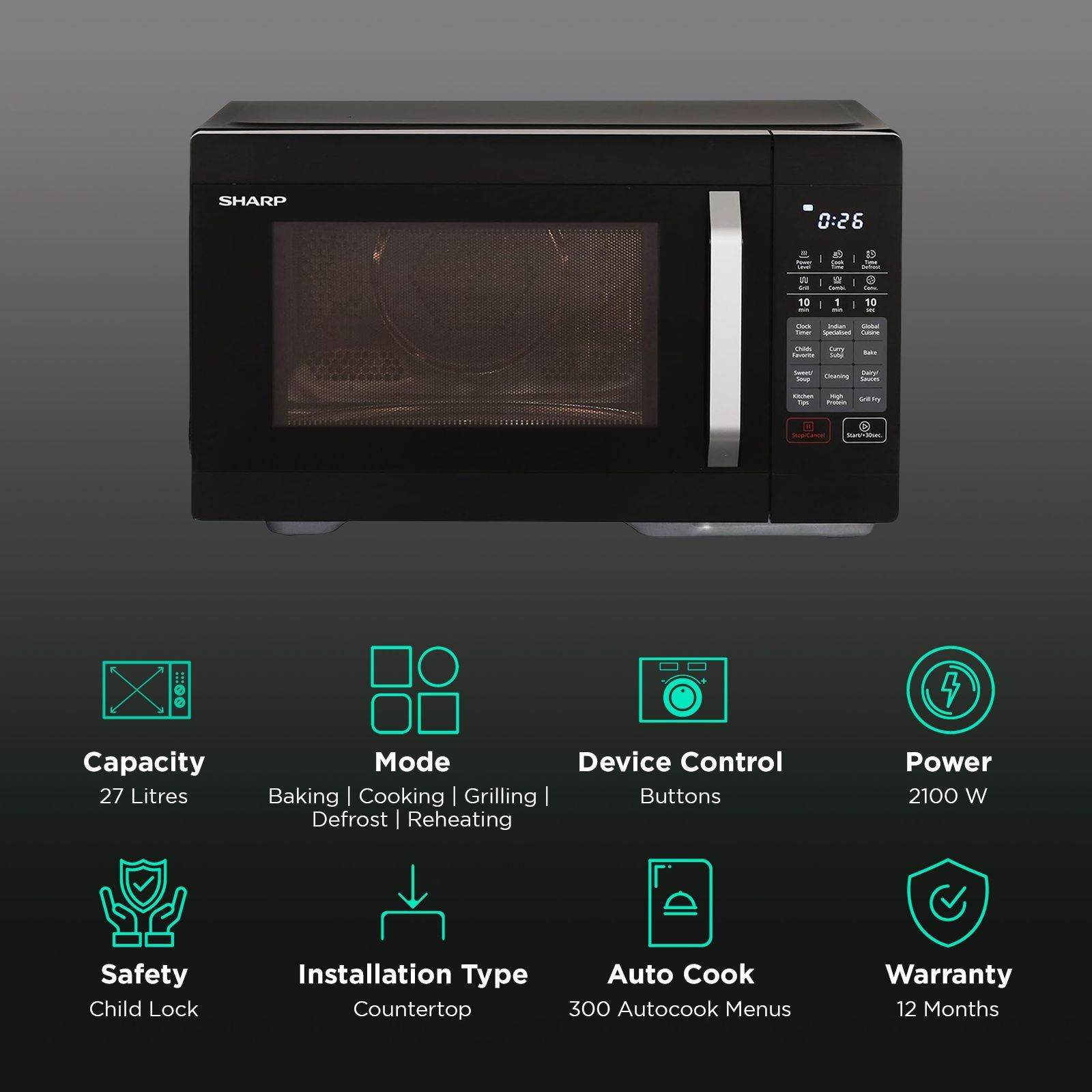 SHARP Kamando-C27 27L Convection Microwave Oven with Healthy Fry (R-827KN-K, Black)_3