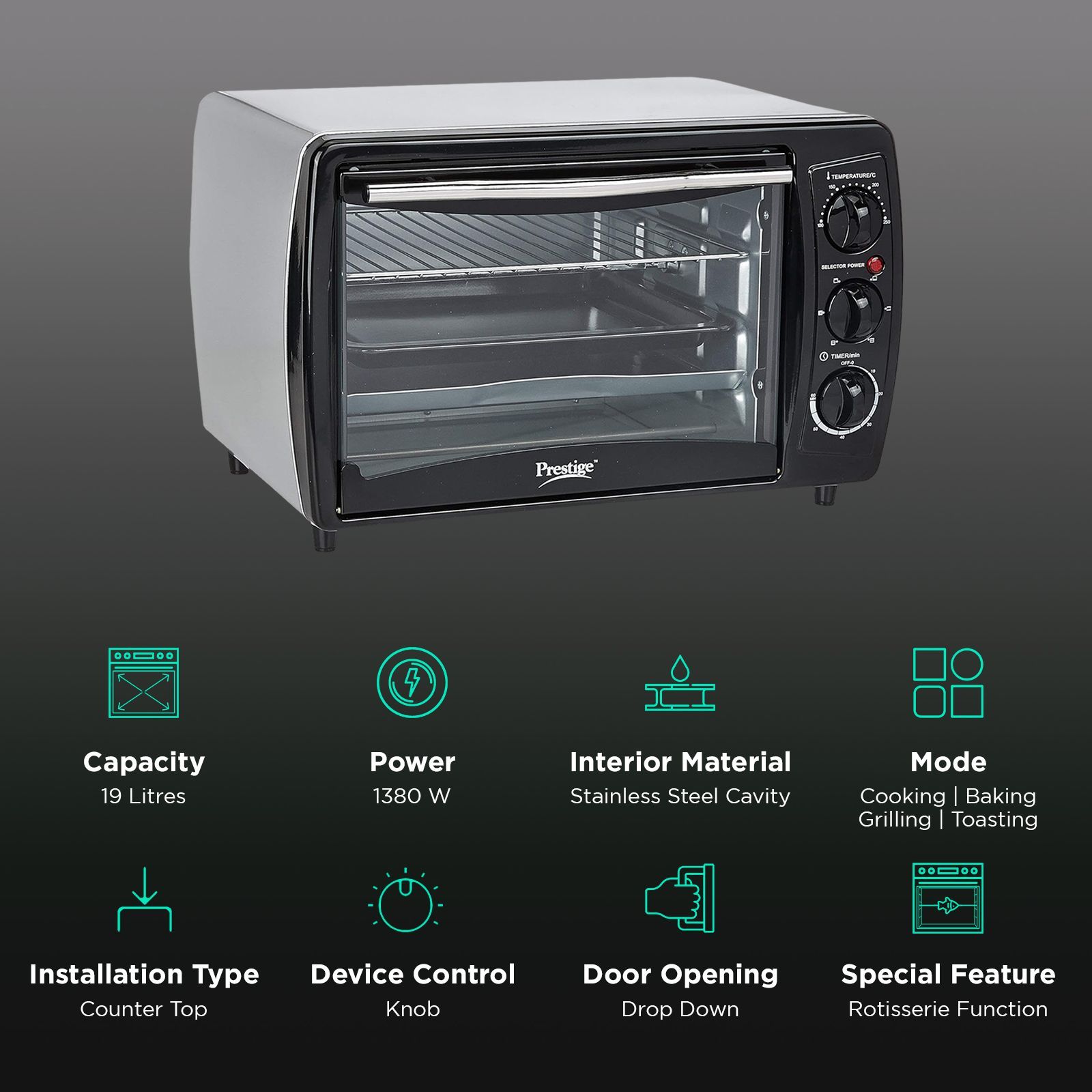 Prestige POTG 19 PCR 19L Oven Toaster Grill with Rotisserie Function (41457, Black)_3
