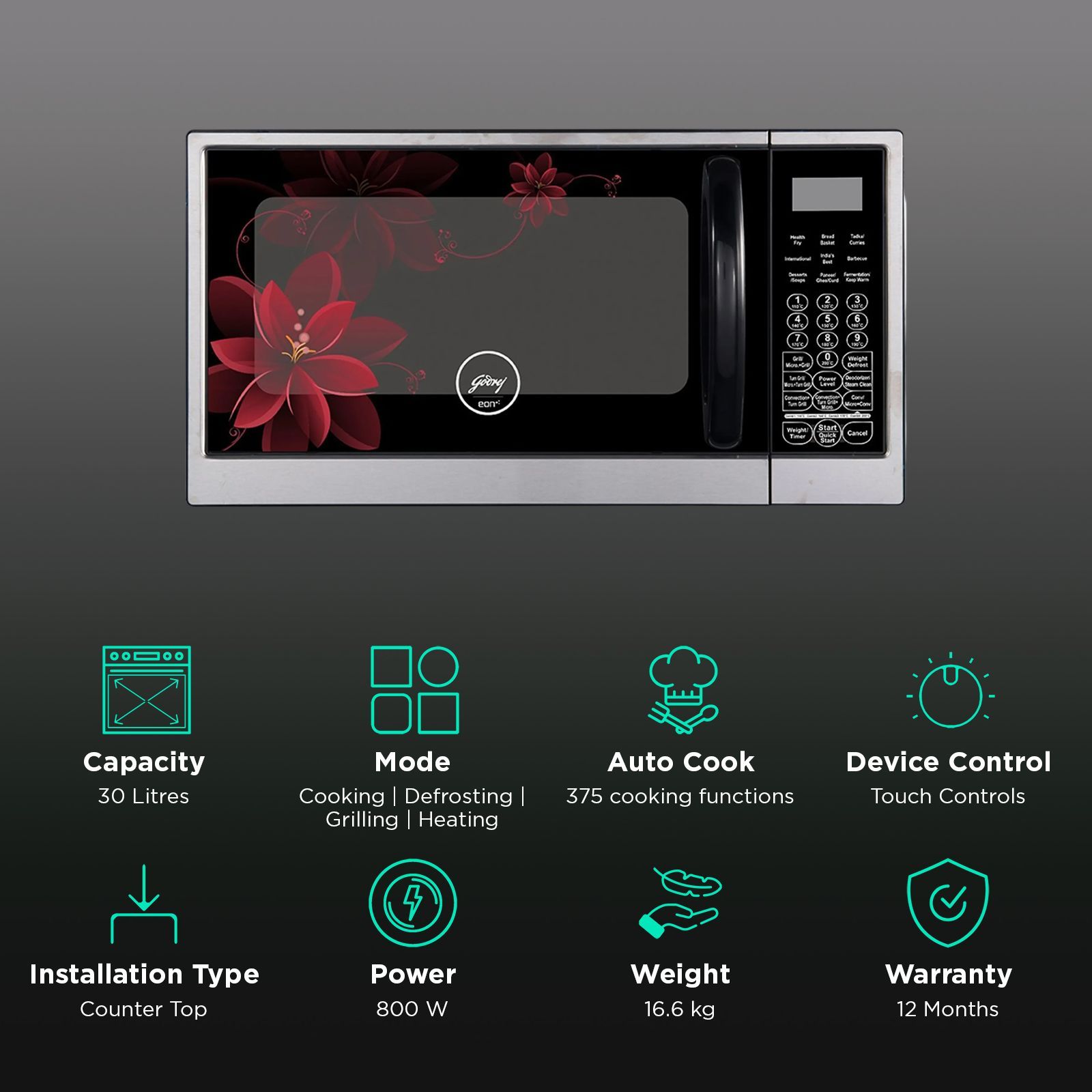 Godrej 30L Convection & Grill Microwave Oven with 375 Auto Cook Menu (GME 730 CR1 PZ, Wine Lily)_3