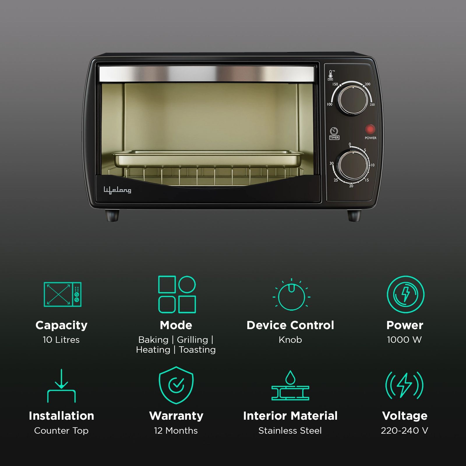 Lifelong LLOT10A 10L Oven Toaster Grill with Stainless Steel Cavity (Black)_3