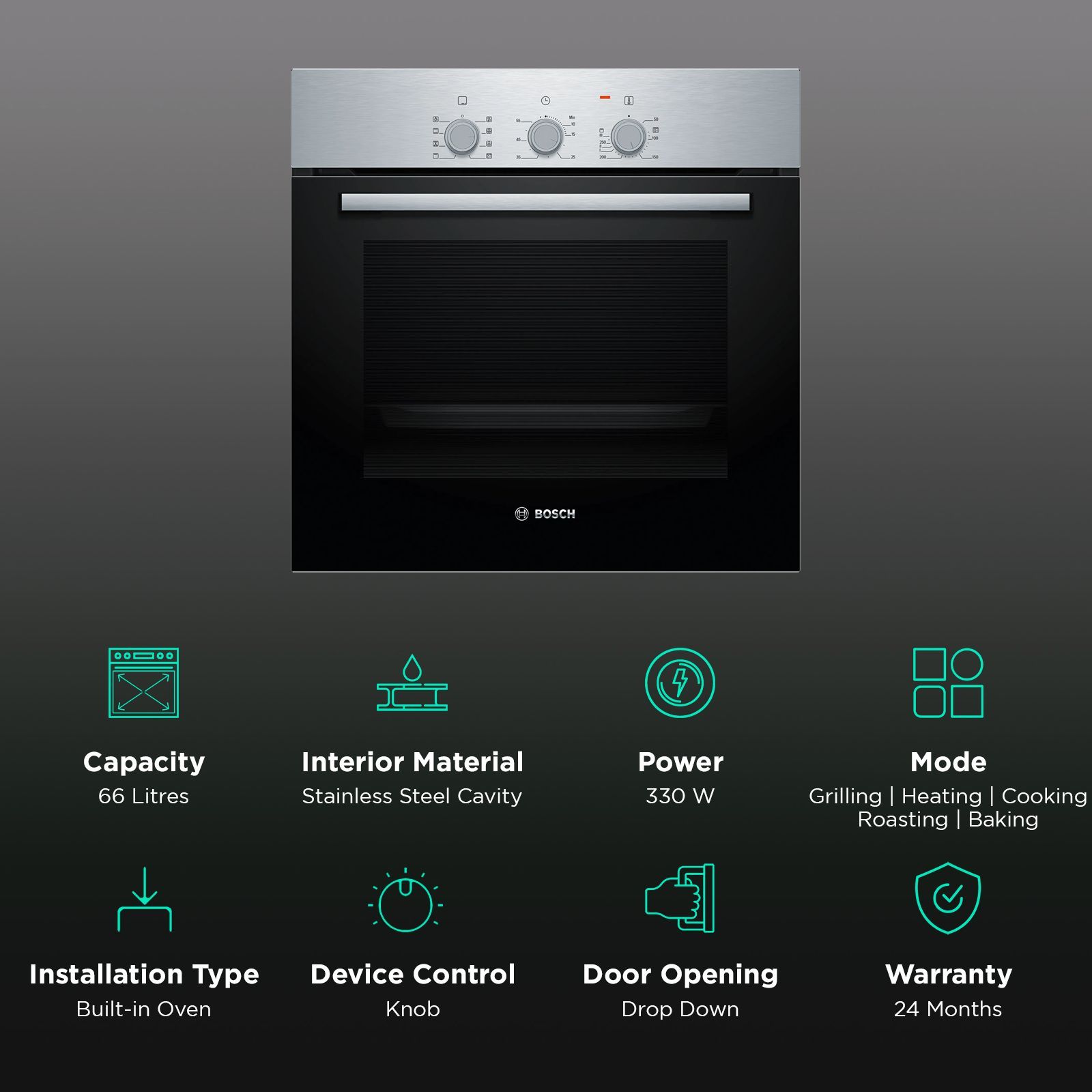BOSCH Series 2 66L 60cm Built-in Microwave with Conventional Heat (HBF031BR0I, Stainless Steel)_3