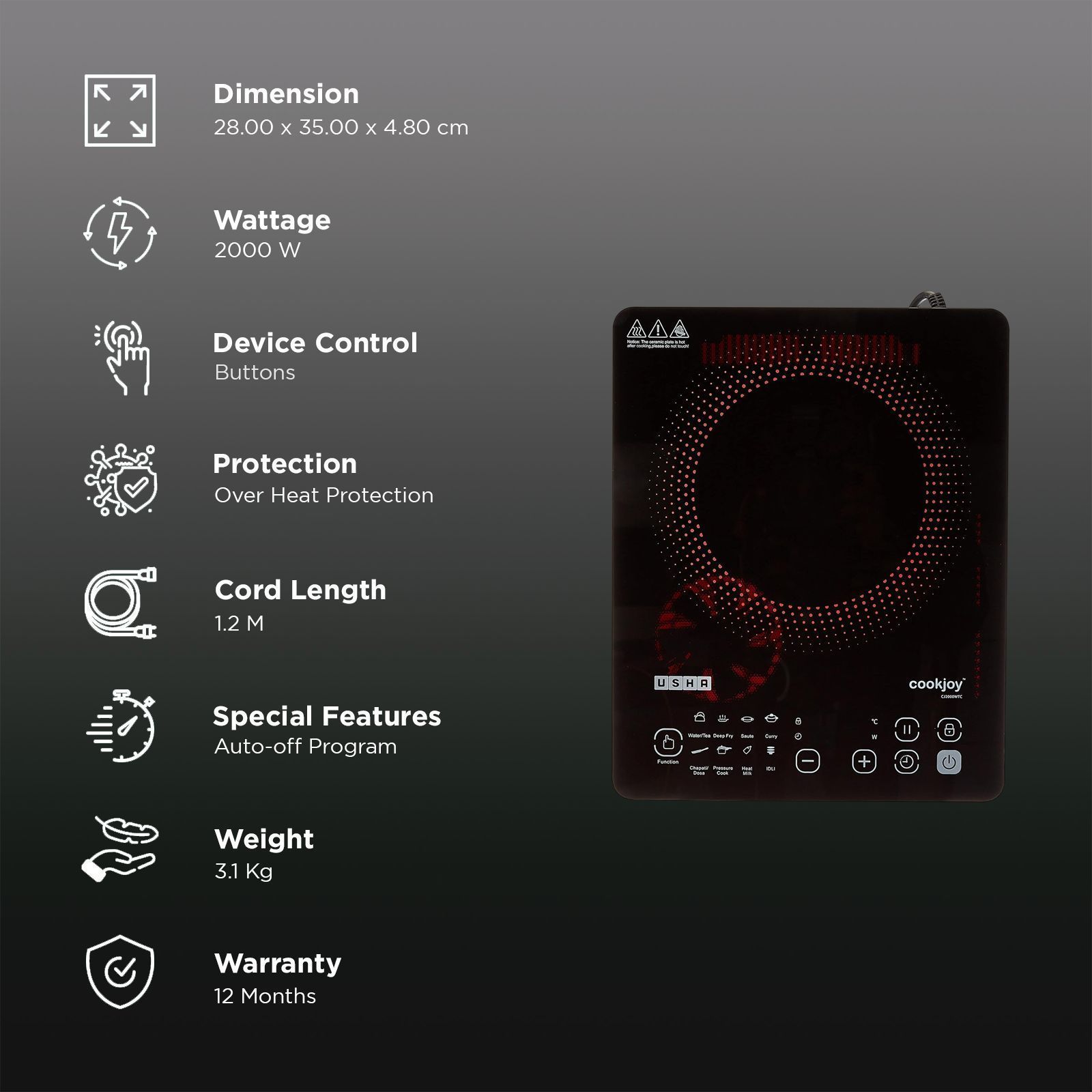 USHA Cookjoy 2000W Induction Cooktop with Touch Control_3