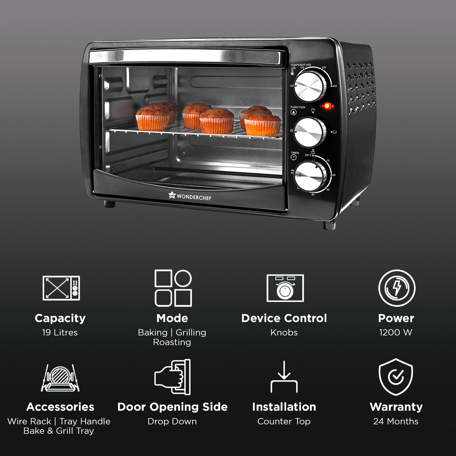 WONDERCHEF 19L Oven Toaster Grill with Customised Time & Temperature Control (63155033, Black)_3