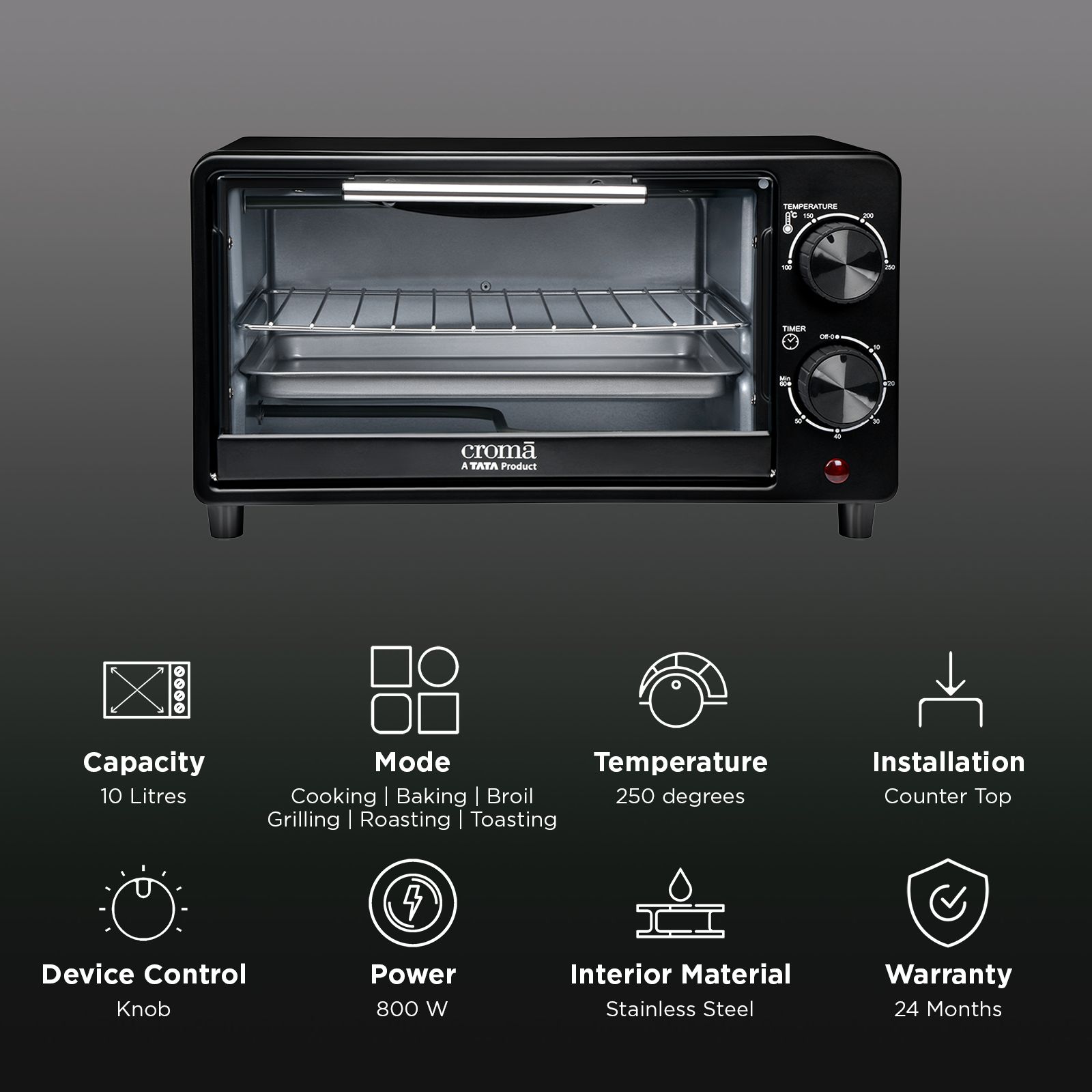 Croma AO6775 10L Oven Toaster Grill with Adjustable Thermostat (Black)_3