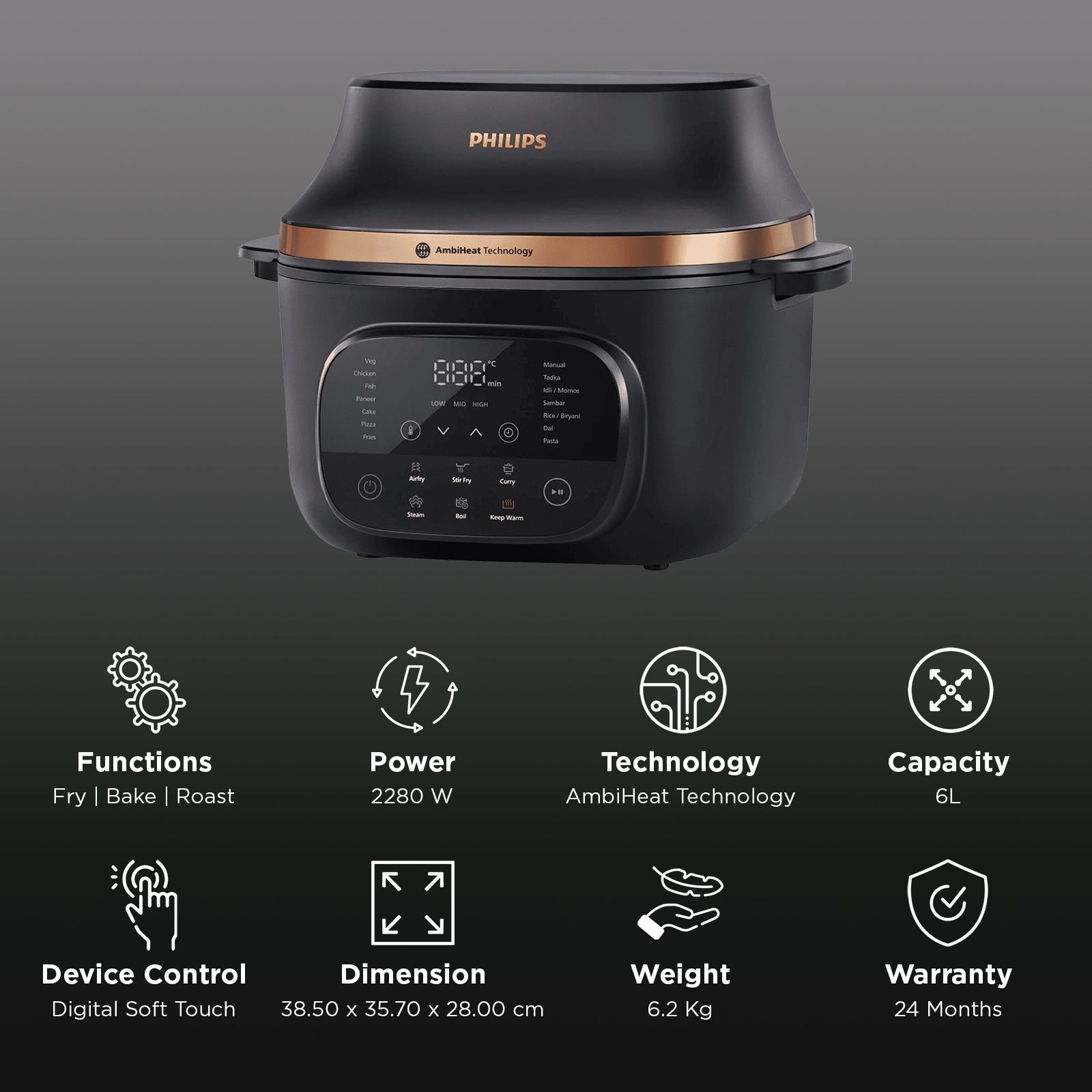 Philips OneChef Smart All in One Cooking Device 6L 2280 Watt with AmbiHeat Technology (Black)_2