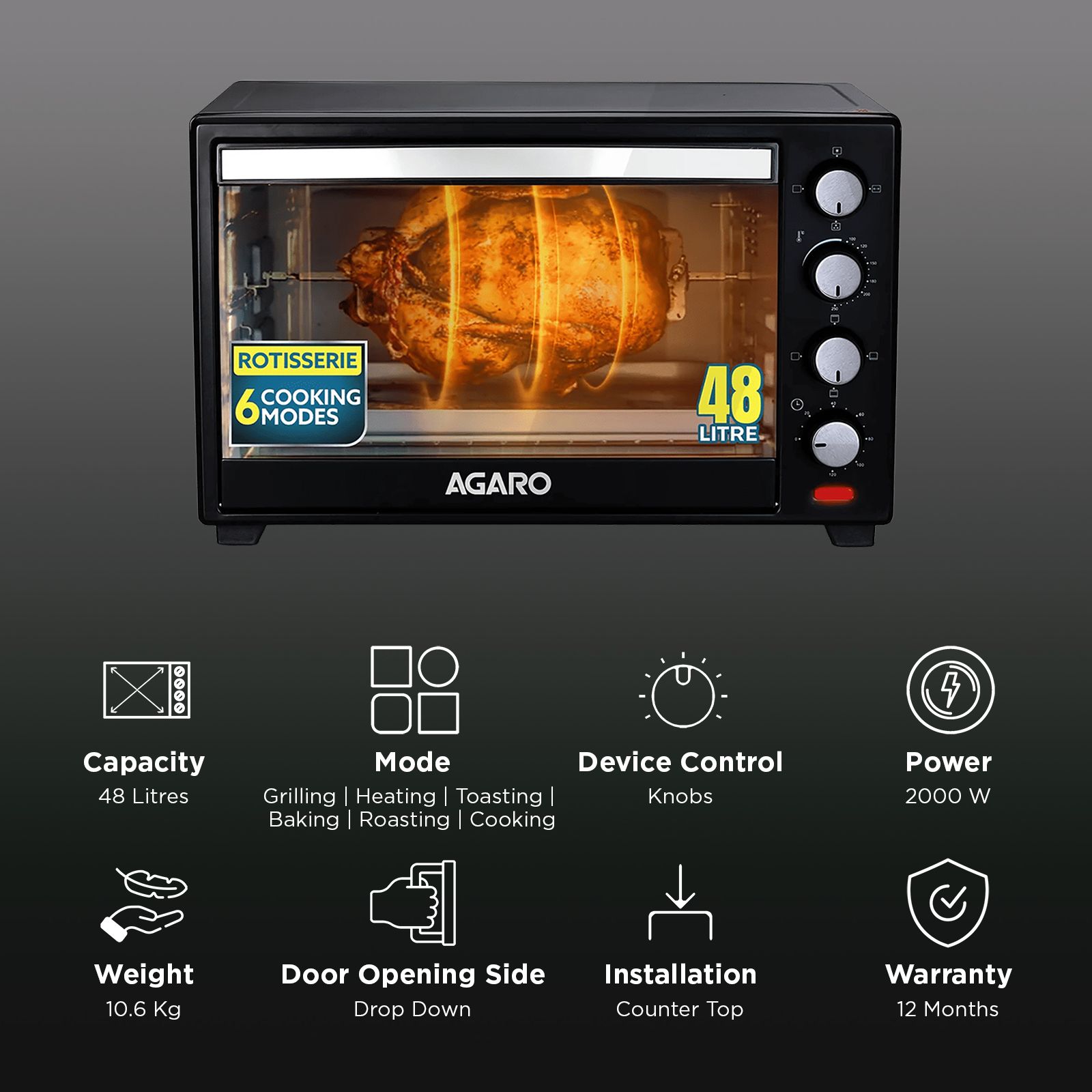 Agaro Marvel 48L Oven Toaster Grill with Motorised Rotisserie (Black)_3