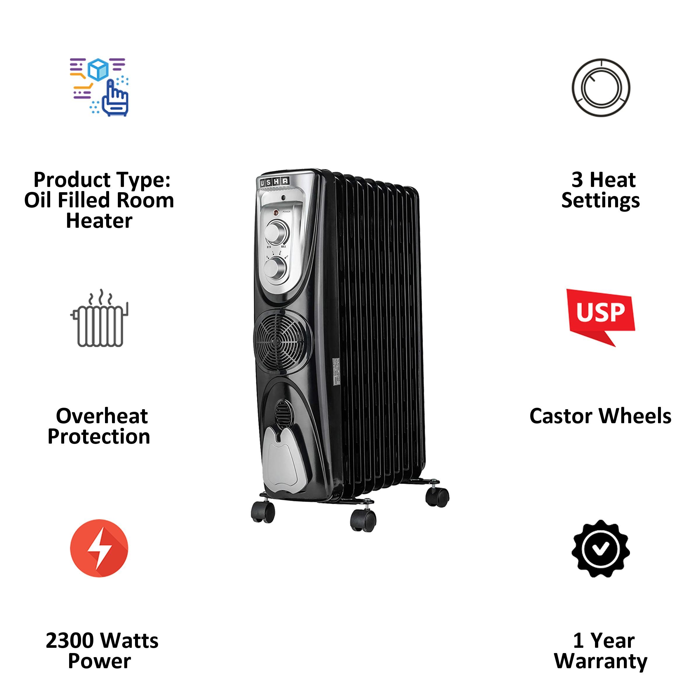 USHA 2300 Watts Oil Filled Room Heater (3811 F, Black)_3