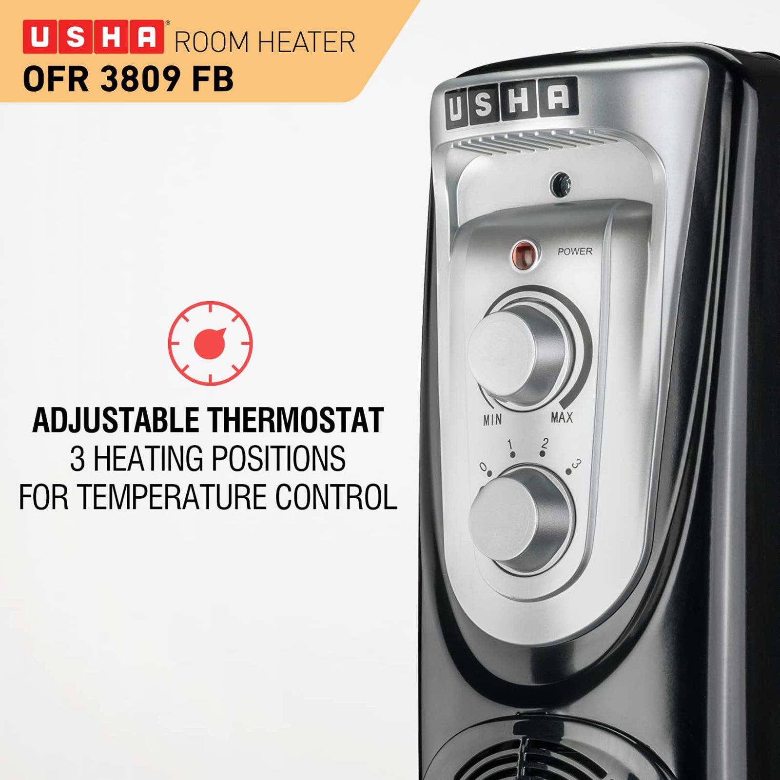 USHA 3809 F 2000W PTC Oil Filled Radiator Room Heater with 9 Fins (Adjustable Thermostat_5