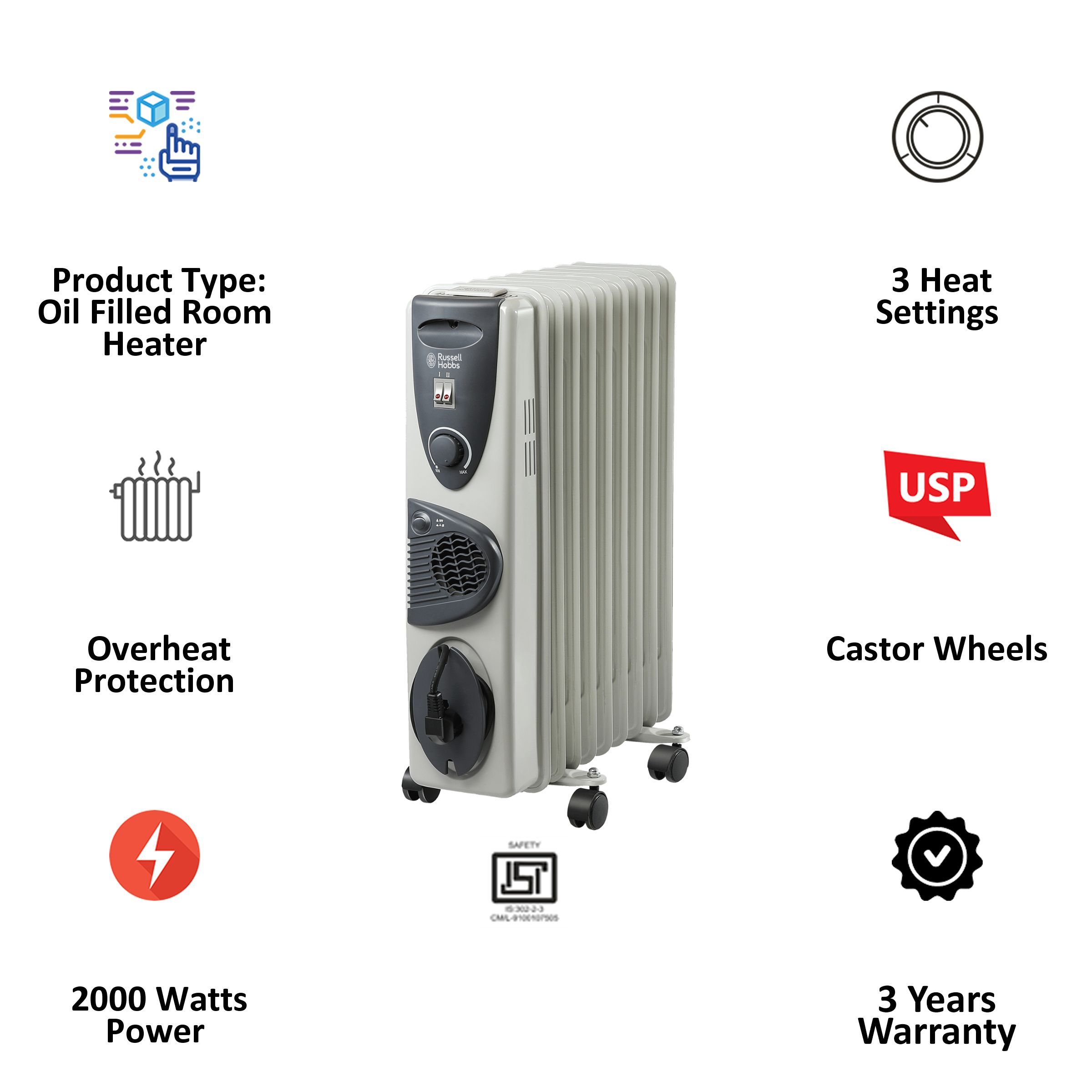 Russell Hobbs ROR09 2000W Oil Filled Radiator Room Heater with 9 Fins (Anti Tilt Protection_4