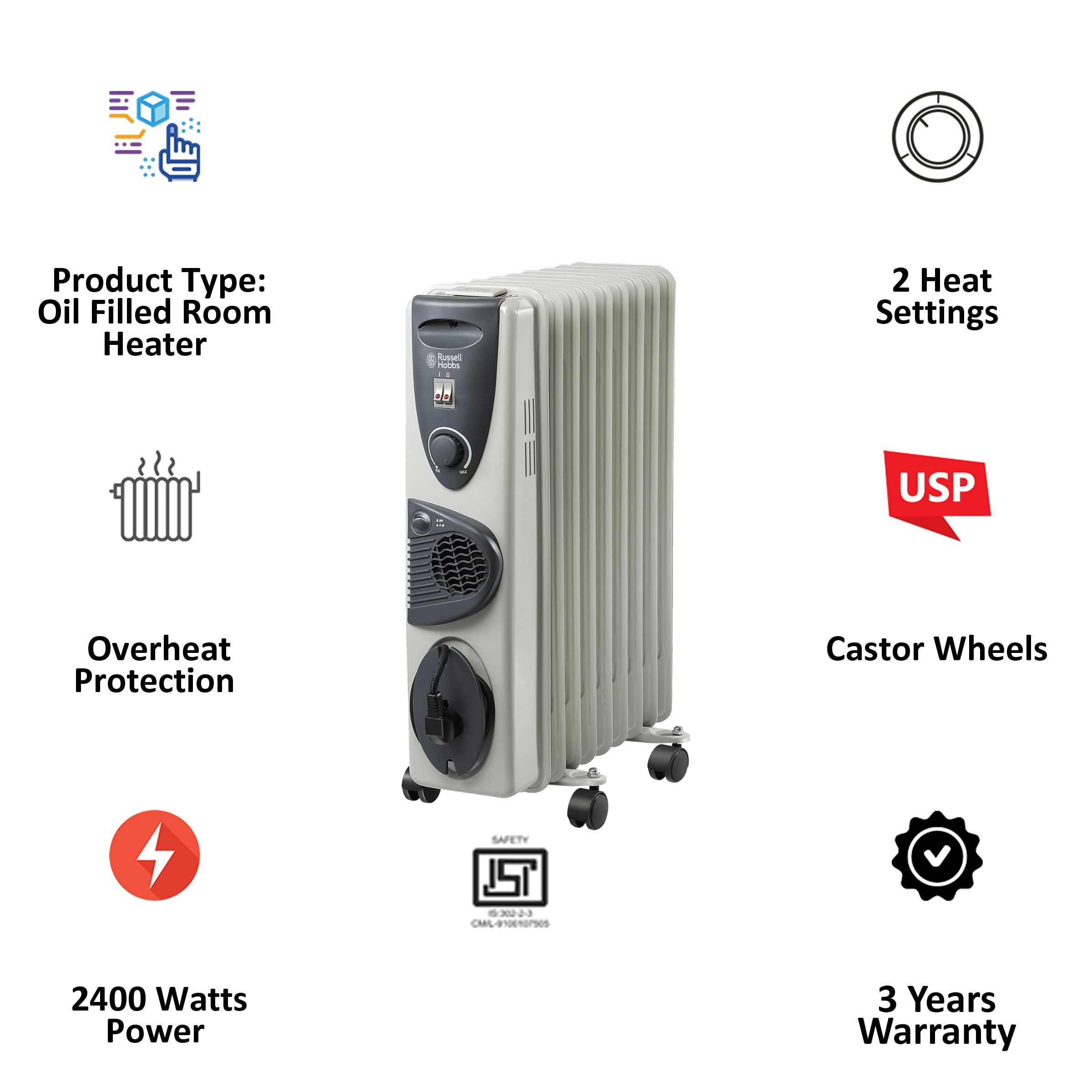 Russell Hobbs ROR09F 2400W Oil Filled Radiator Room Heater with Anti Tilt Protection (Fan Forced Convection_4