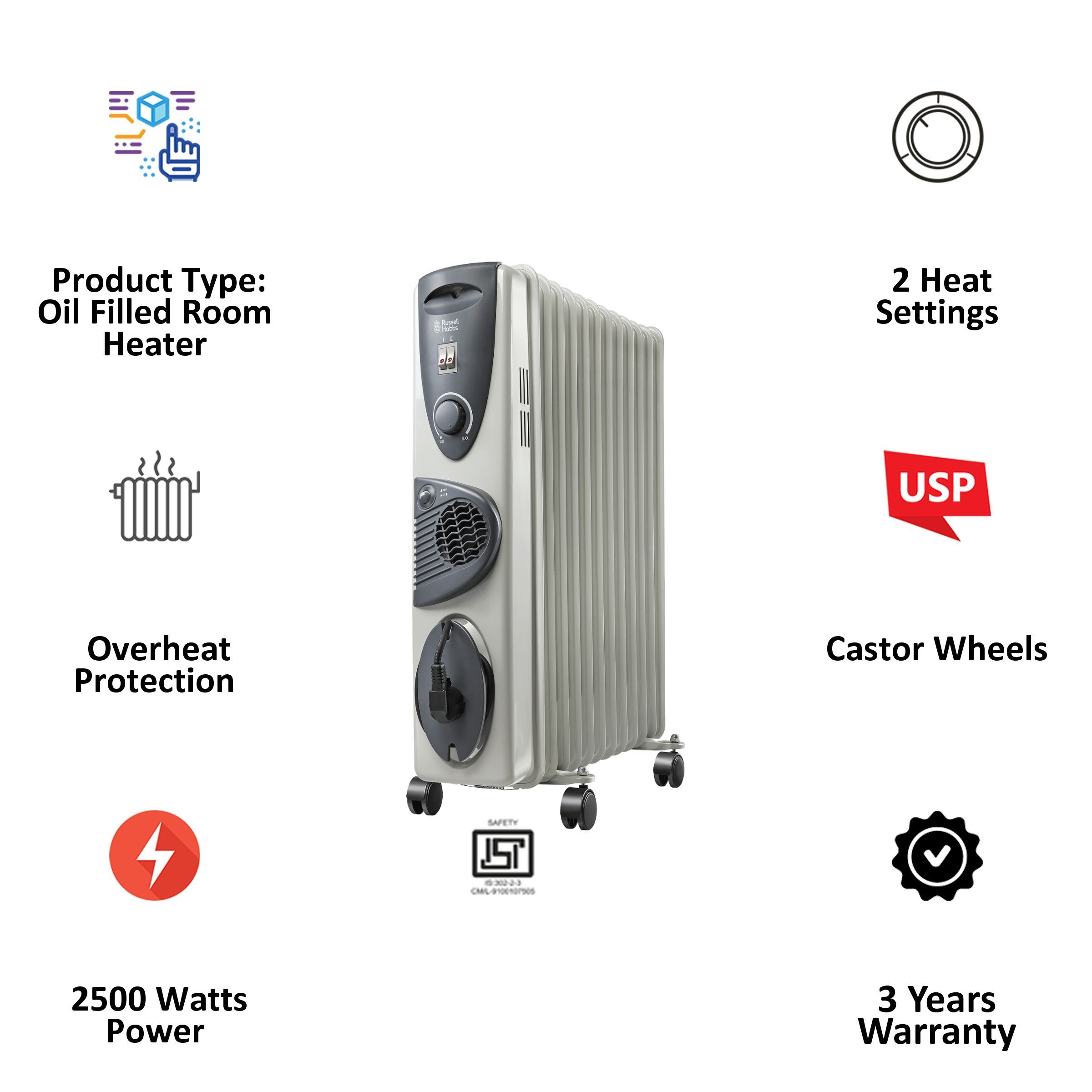 Russell Hobbs ROR11F 2500W Oil Filled Radiator Room Heater with High Efficiency Heat Radiating Fins (Anti Tilt Protection_4